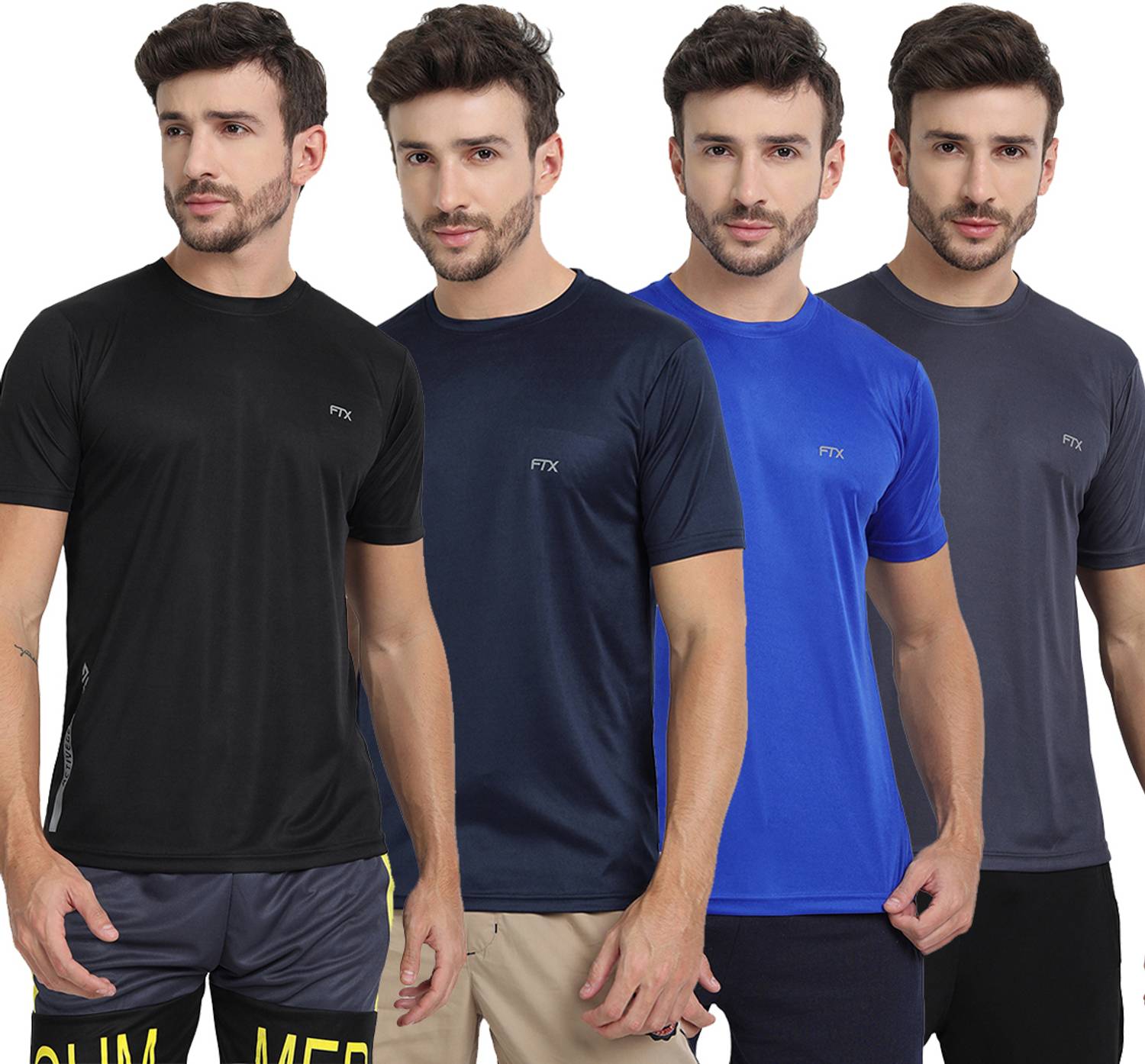 FTX Pack of 4 Men Solid Round Neck Polyester Multicolor T-Shirt
