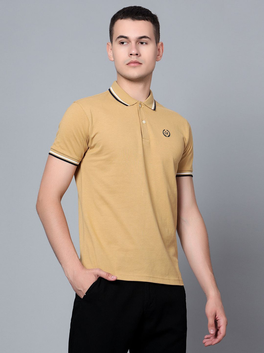 Image of CANTABIL Solid Men Polo Neck Yellow T-Shirt