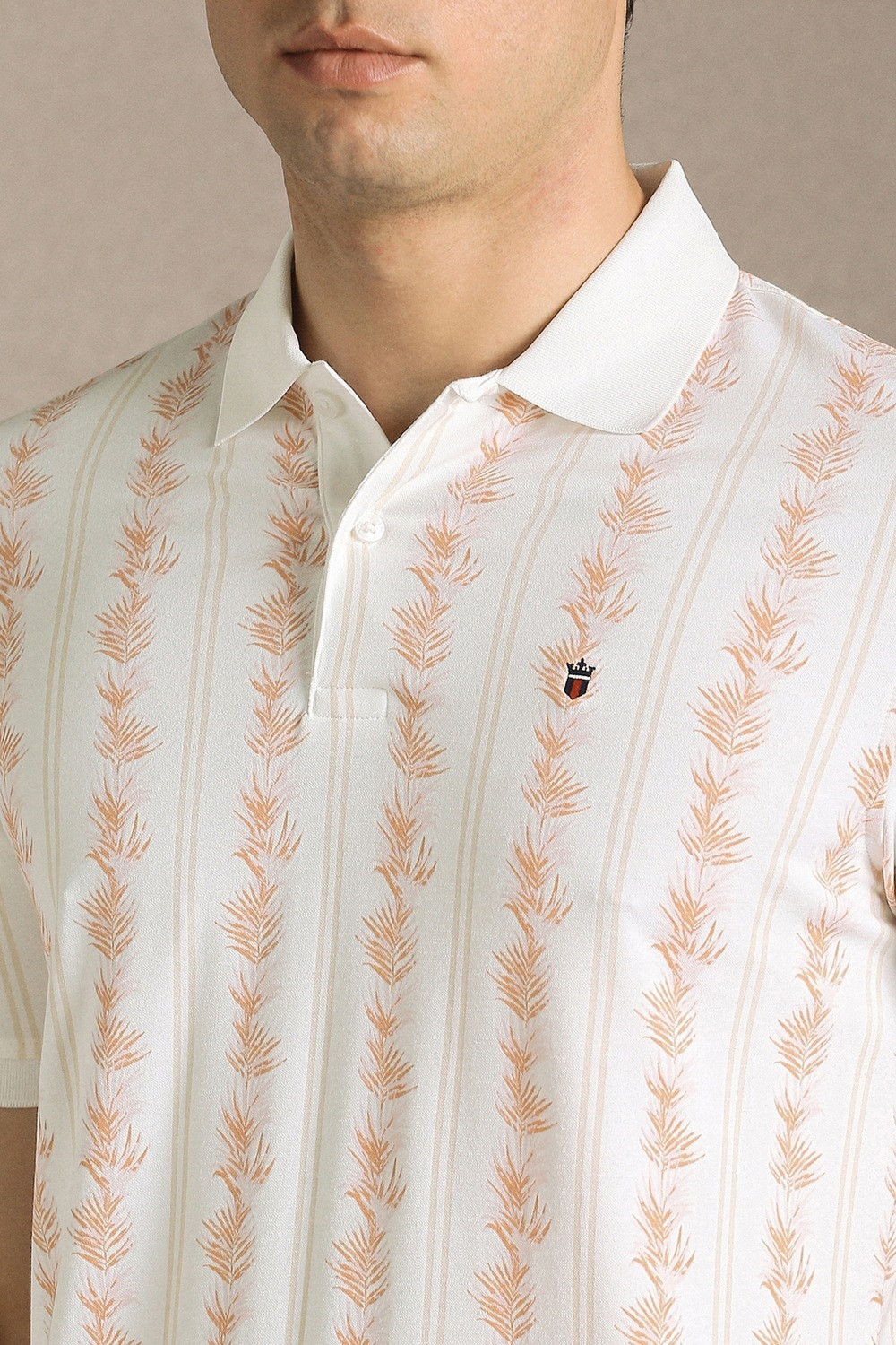 Image of LOUIS PHILIPPE Men Printed Polo Neck Cotton Blend White T-Shirt