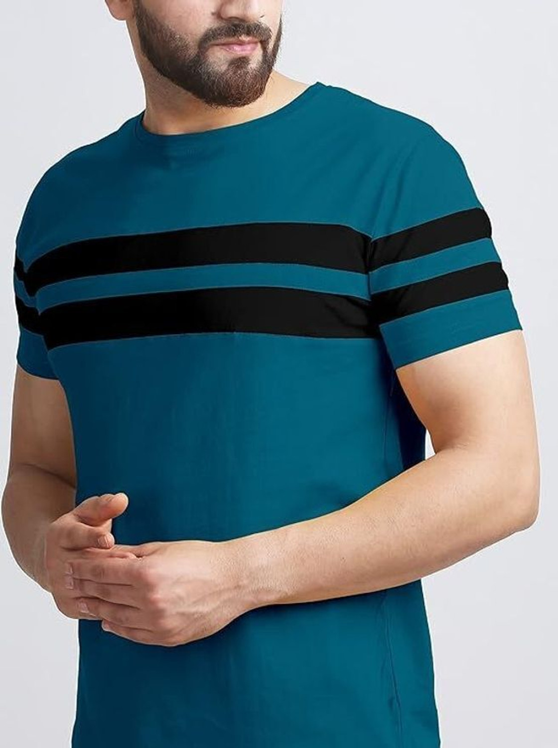 Image of R RIDACHY Striped Men Round Neck Black T-Shirt