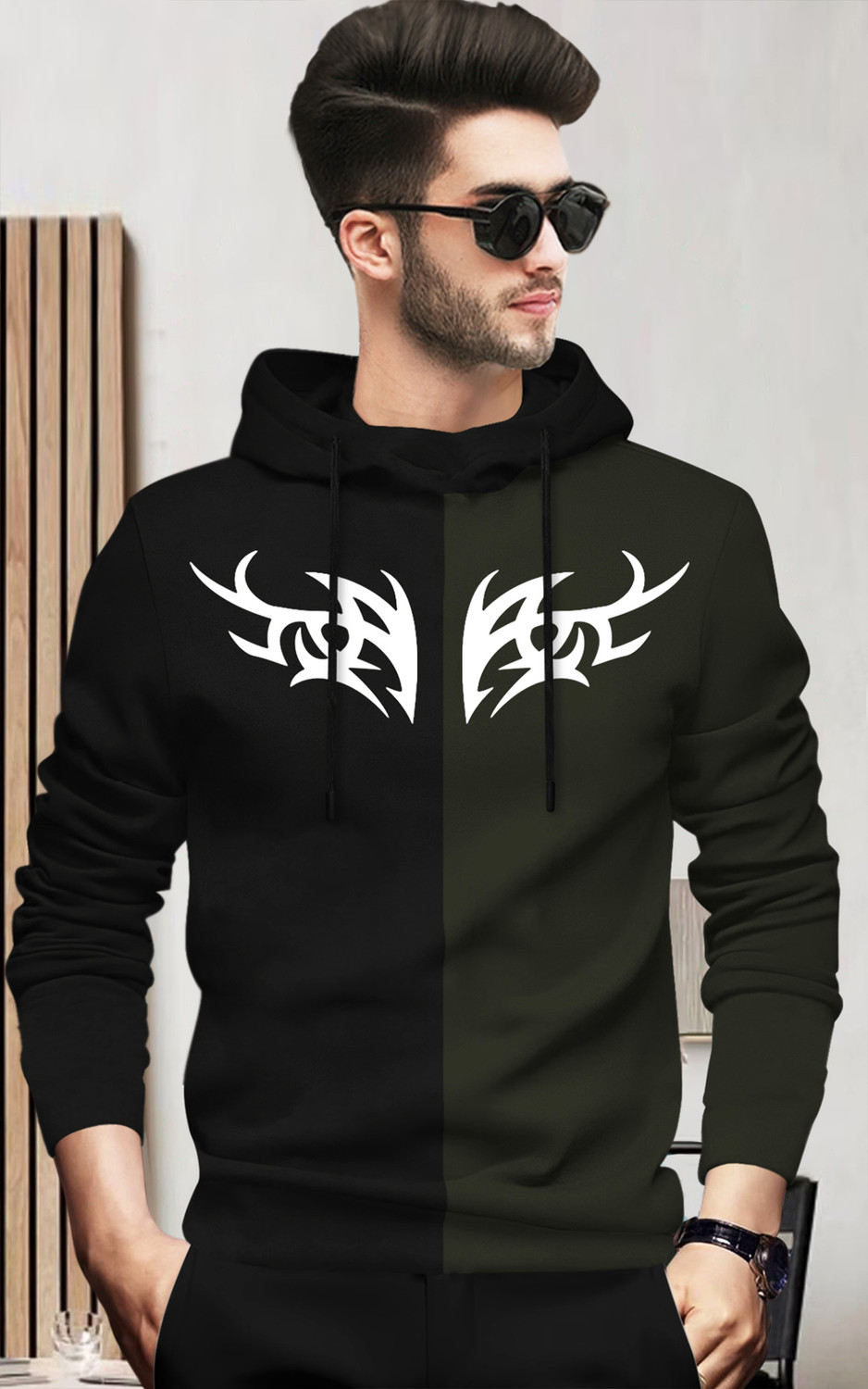 Image of BLIVE Printed Men Hooded Neck Black, Dark Green T-Shirt
