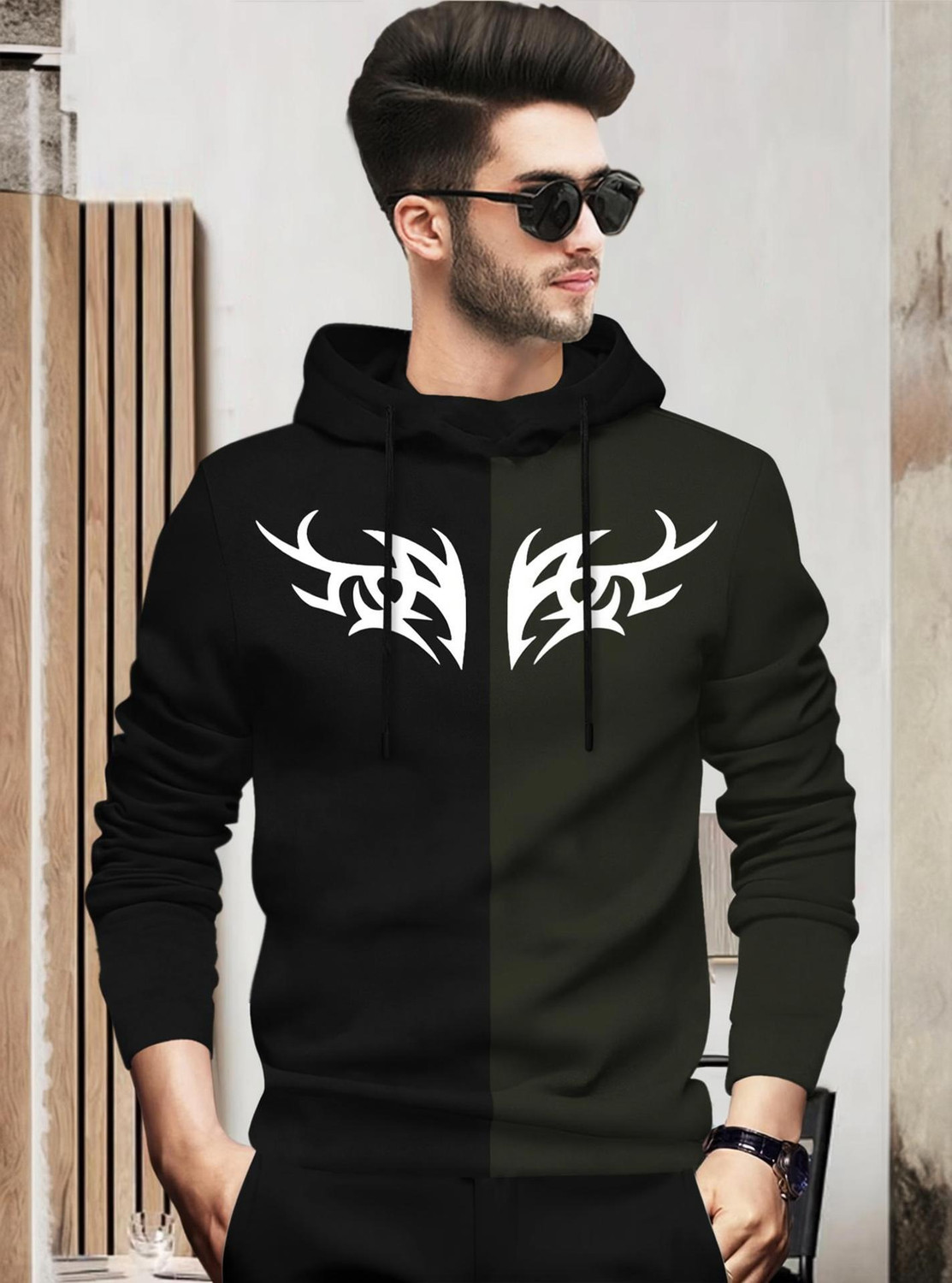 Image of BLIVE Printed Men Hooded Neck Black, Dark Green T-Shirt