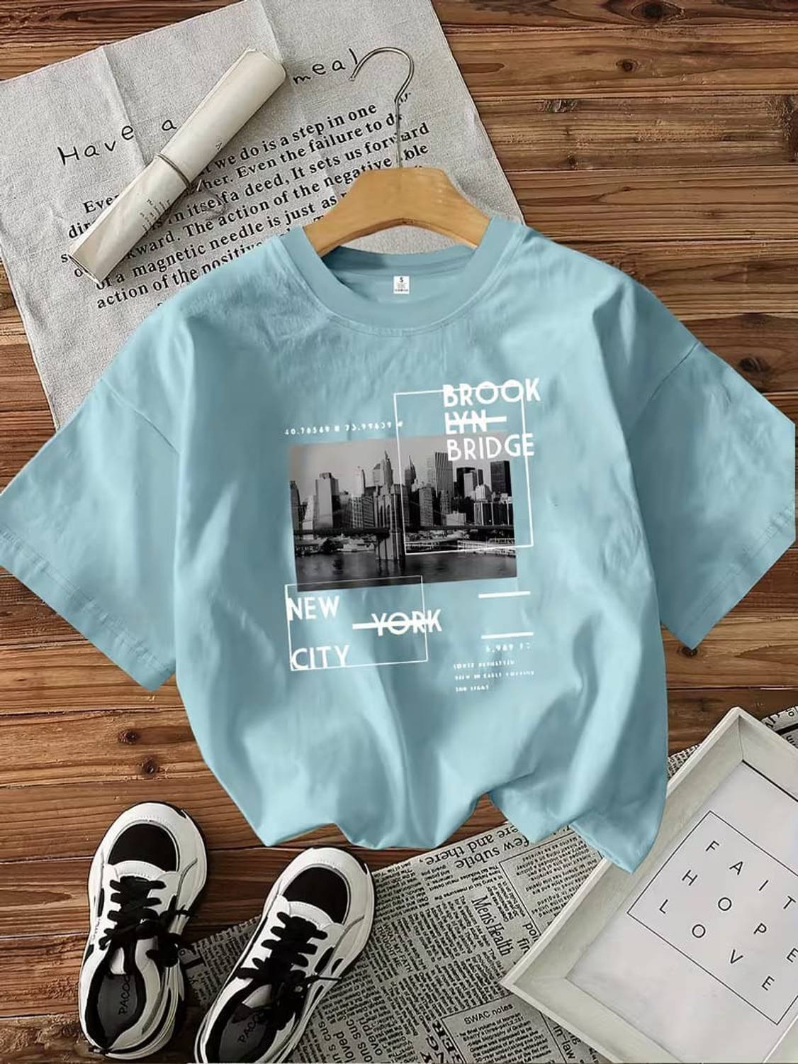 Tee Typography Printed Women Round Neck Light Blue T-Shirt - Image 1
