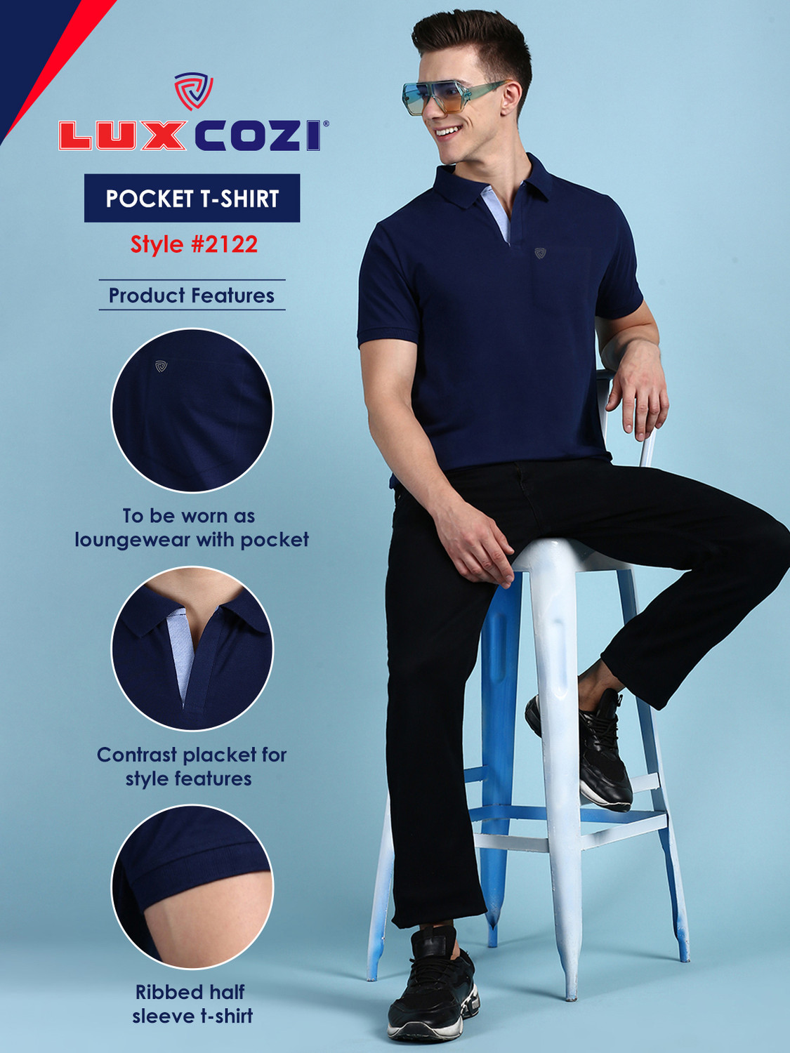 Image of LUX cozi Solid Men Polo Neck Dark Blue T-Shirt