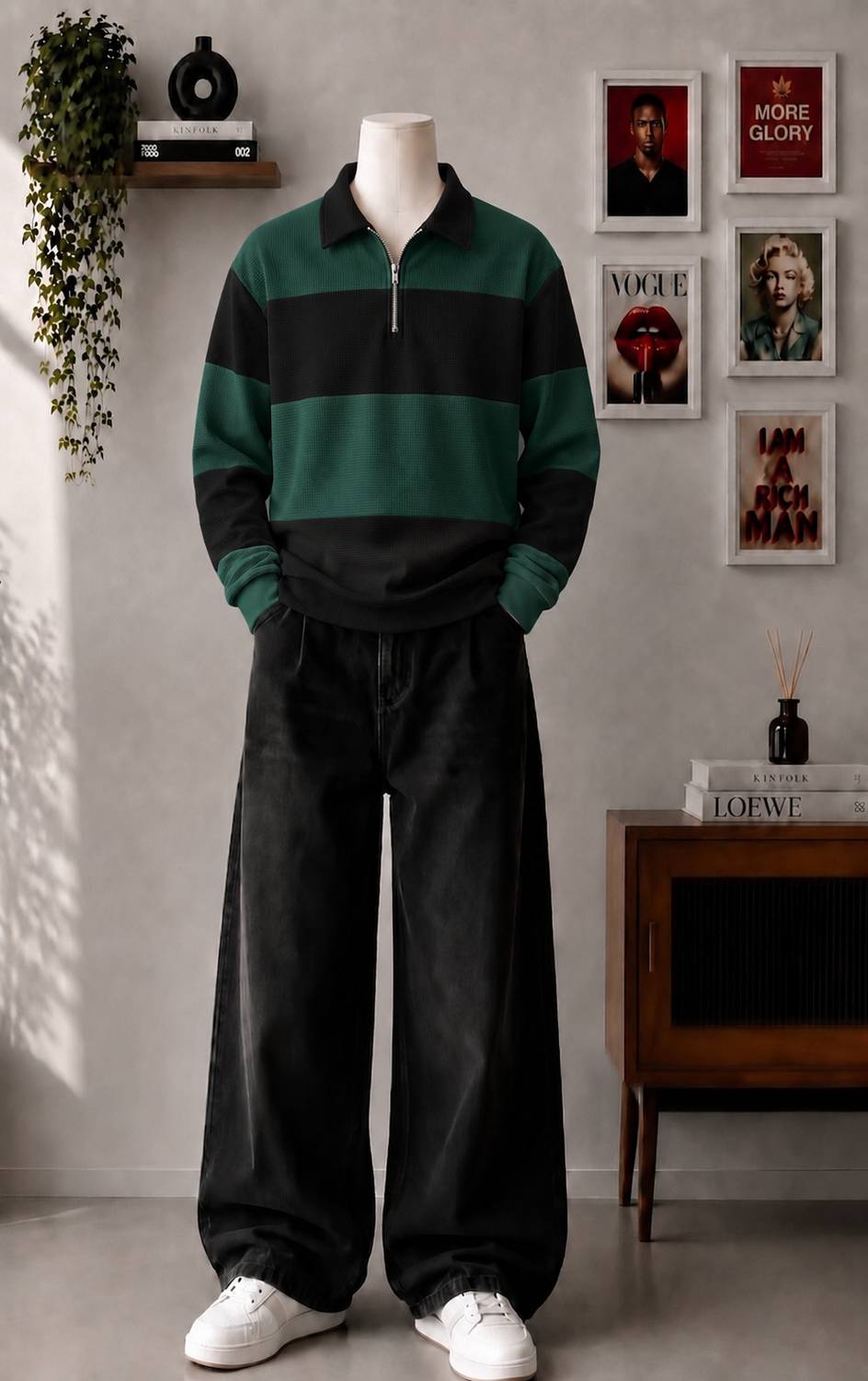 Try Colorblock Men Zip Neck Dark Green T-Shirt