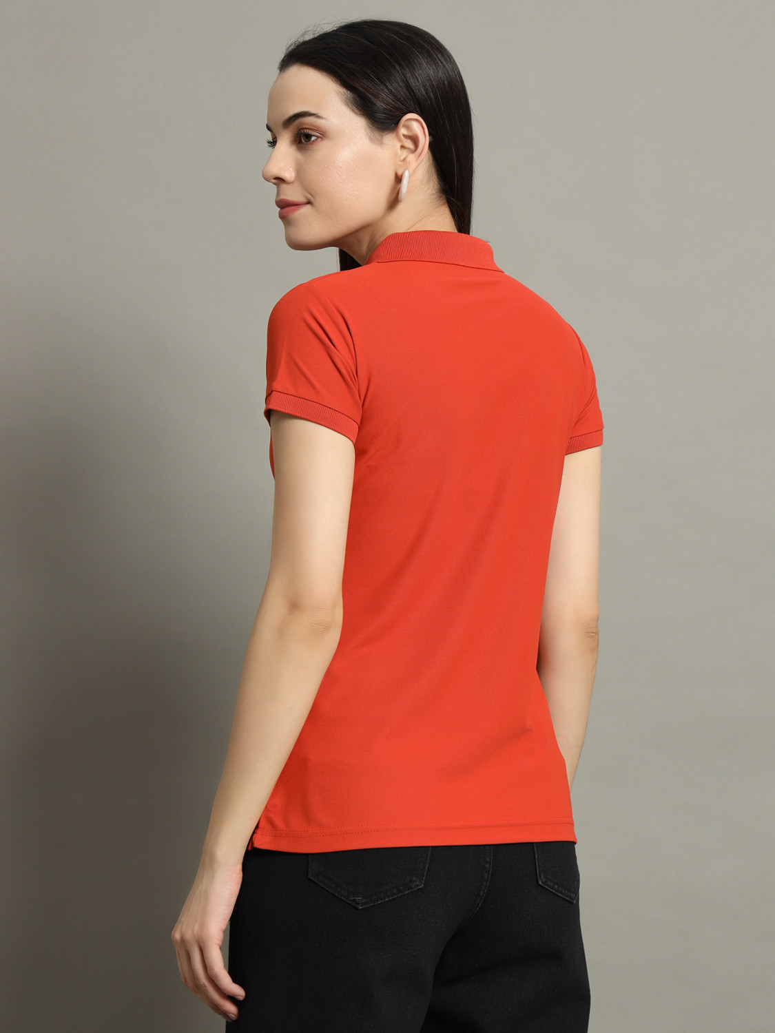 Image of RISS Solid Women Polo Neck Orange T-Shirt