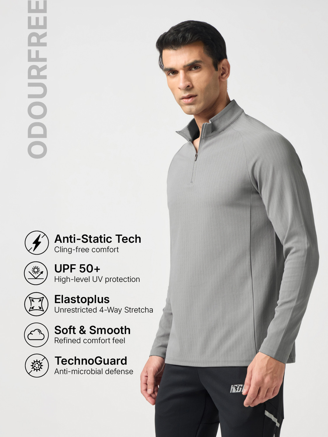 Image of TECHNOSPORT Solid Men Zip Neck Grey T-Shirt