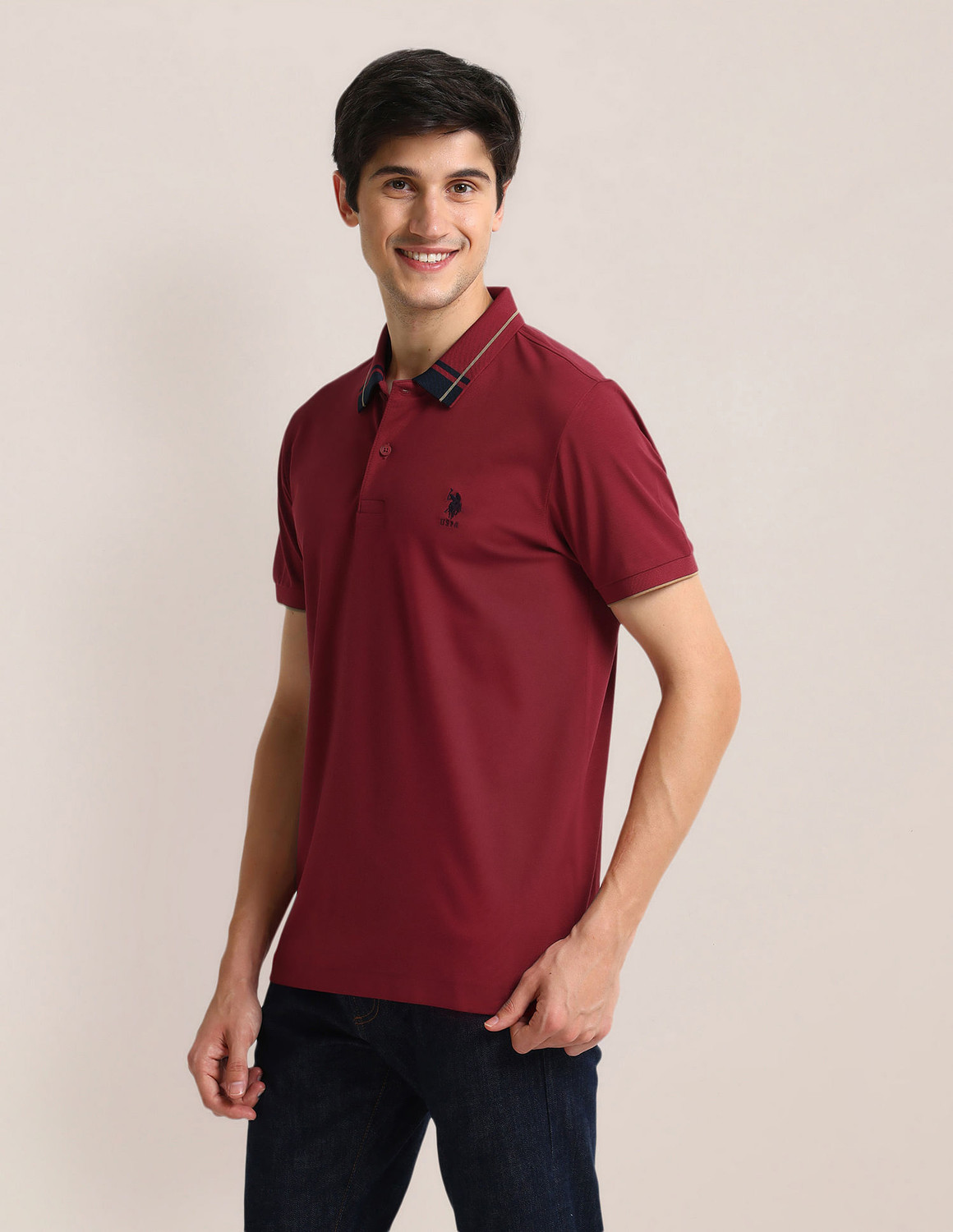 Image of U.S. POLO ASSN. Solid Men Polo Neck Maroon T-Shirt