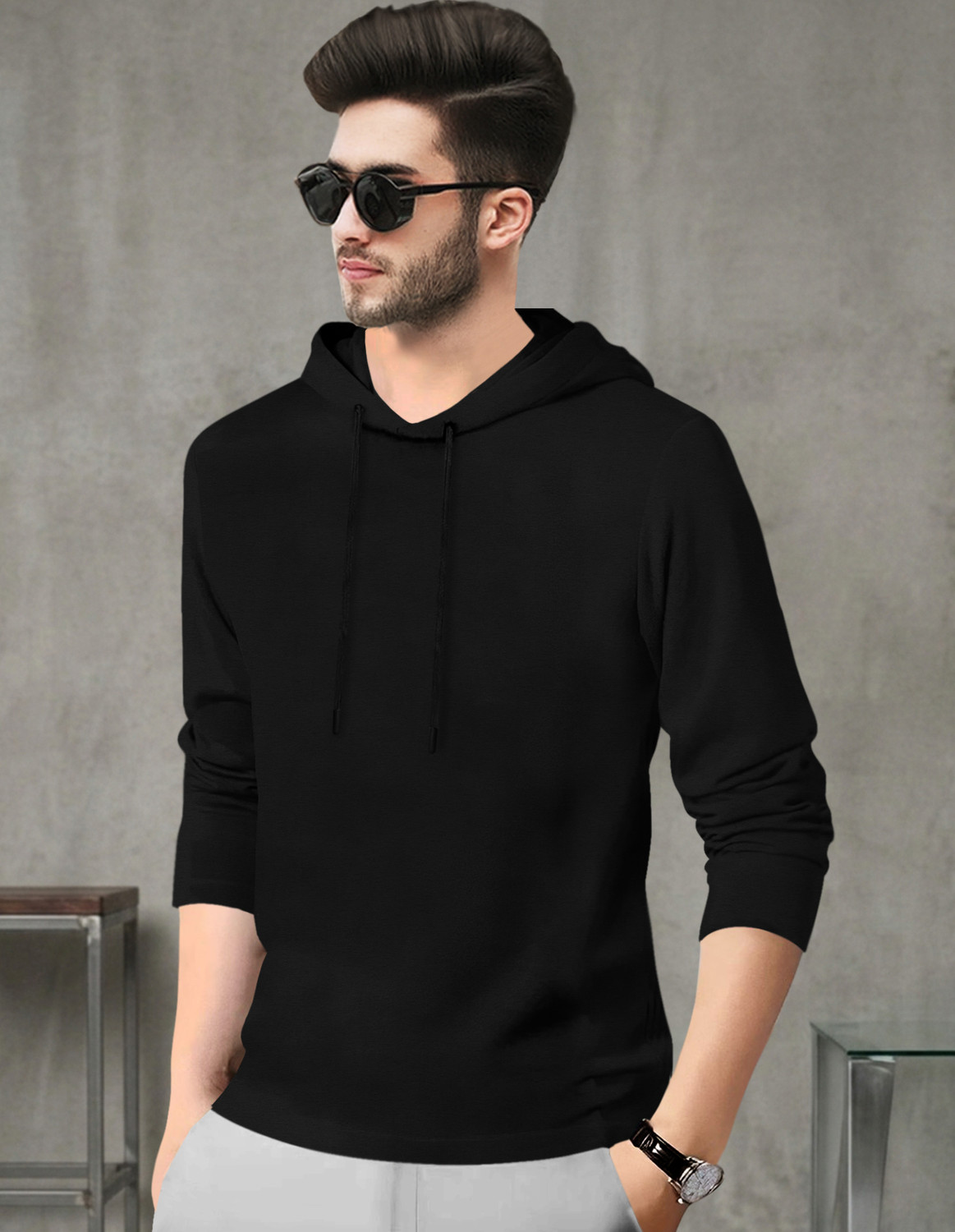 Image of TESSERACT Solid Men Hooded Neck Black T-Shirt