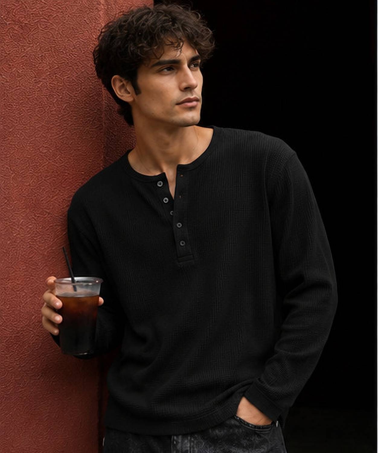 NOOK Men Henley Neck Black T-Shirt