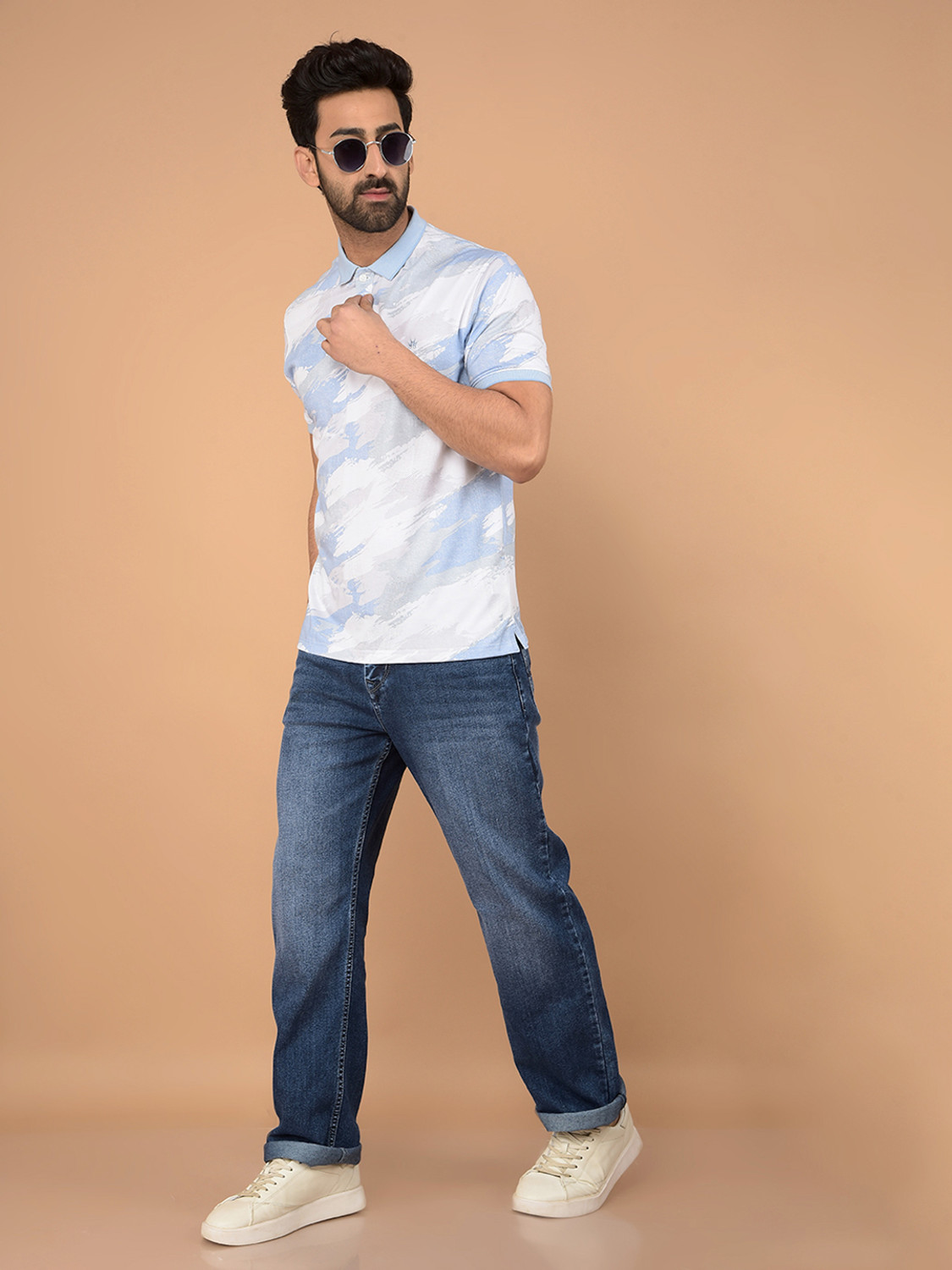 Image of CRIMSOUNE CLUB Self Design Men Polo Neck Blue T-Shirt