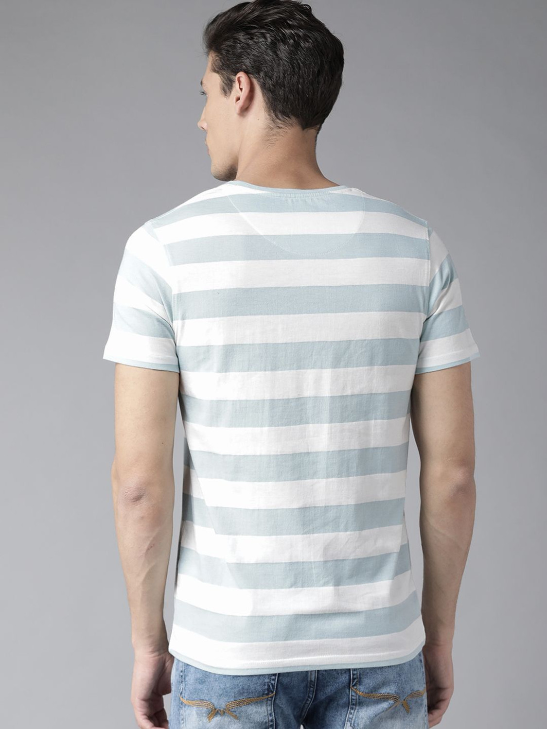 Image of Roadster Striped Men Round Neck Blue, White T-Shirt