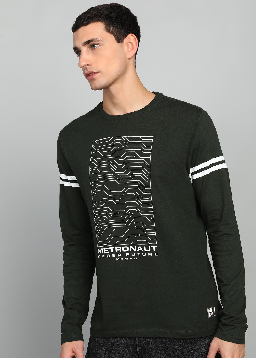 Image of METRONAUT Printed Men Round Neck Dark Green T-Shirt