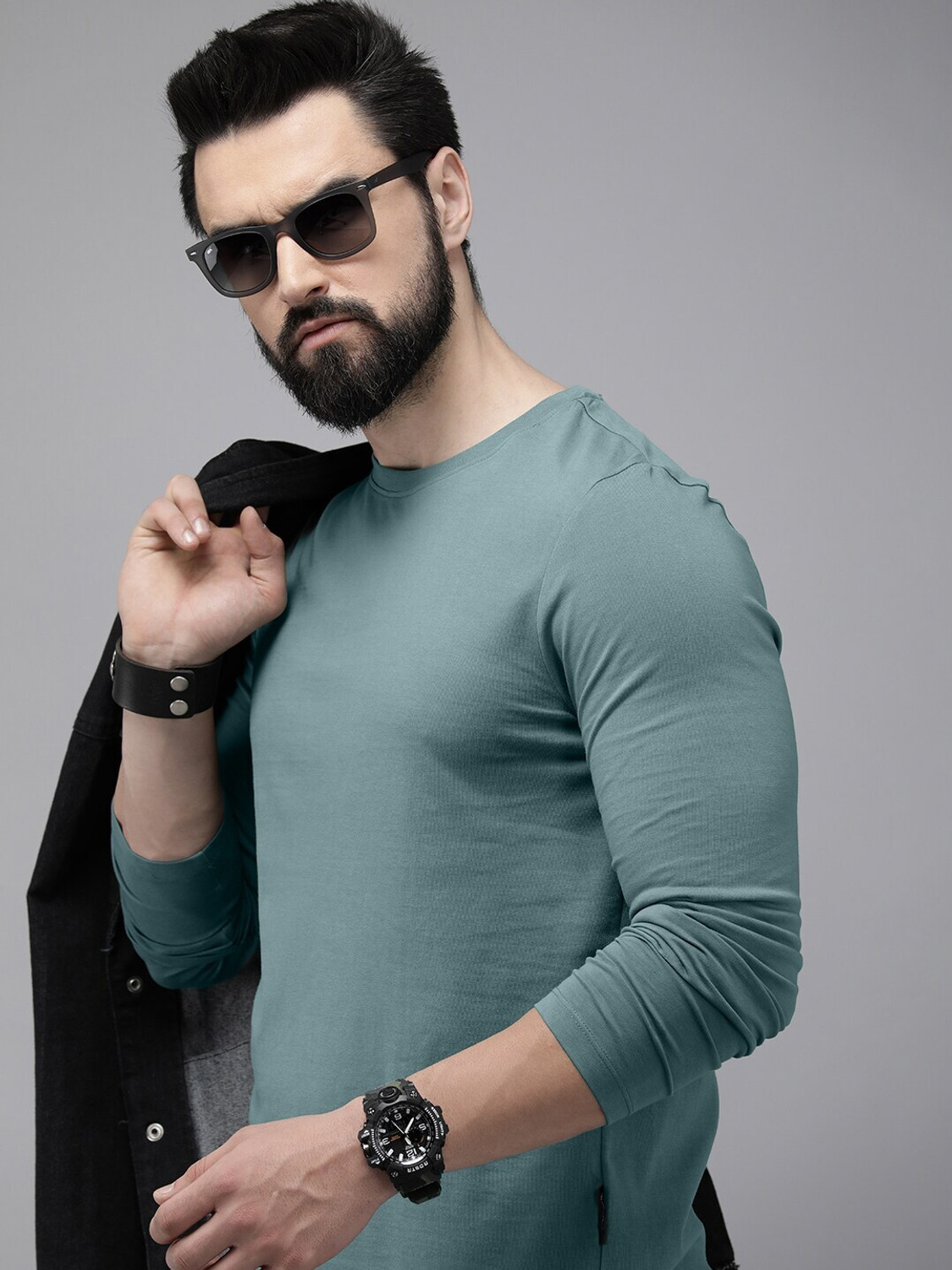 Image of Roadster Solid Men Round Neck Light Blue T-Shirt