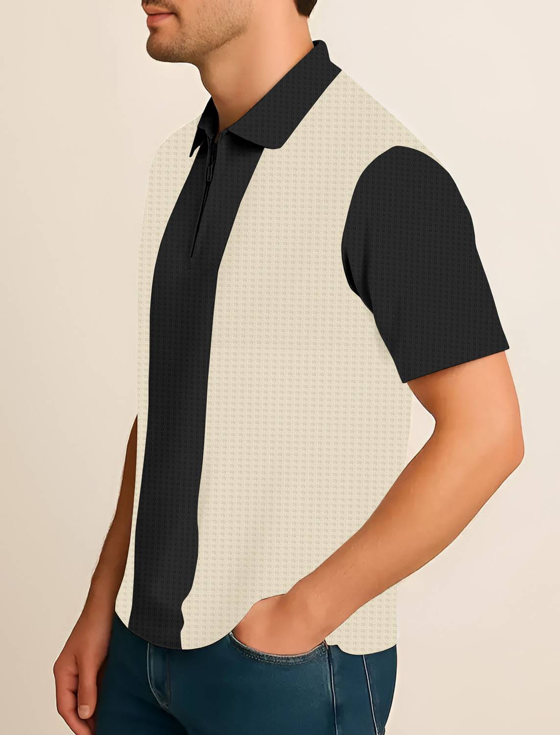 KAJARU Men Zip Neck Black, Beige T-Shirt - Image 5
