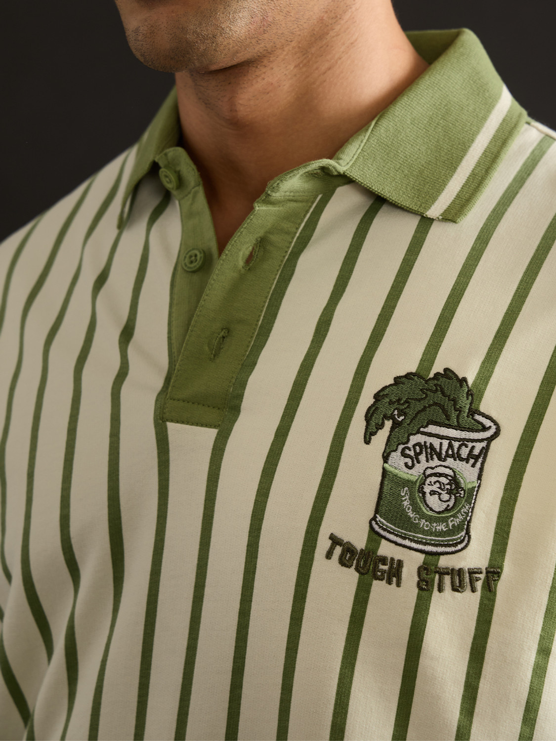 Image of The Souled Store Striped Men Polo Neck Light Green T-Shirt