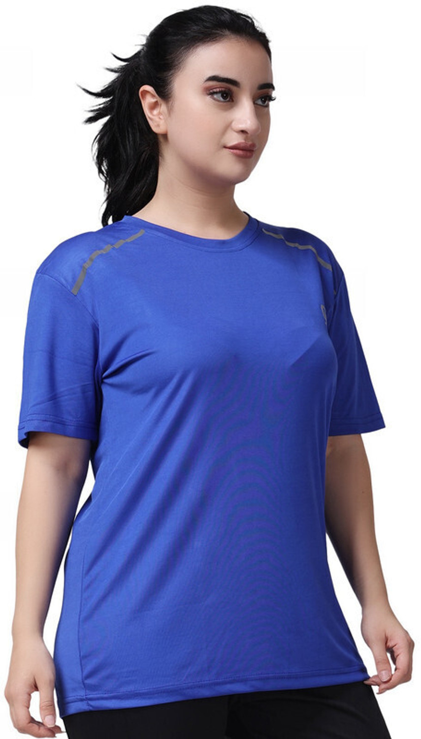 Image of ND Solid Women Round Neck Blue T-Shirt