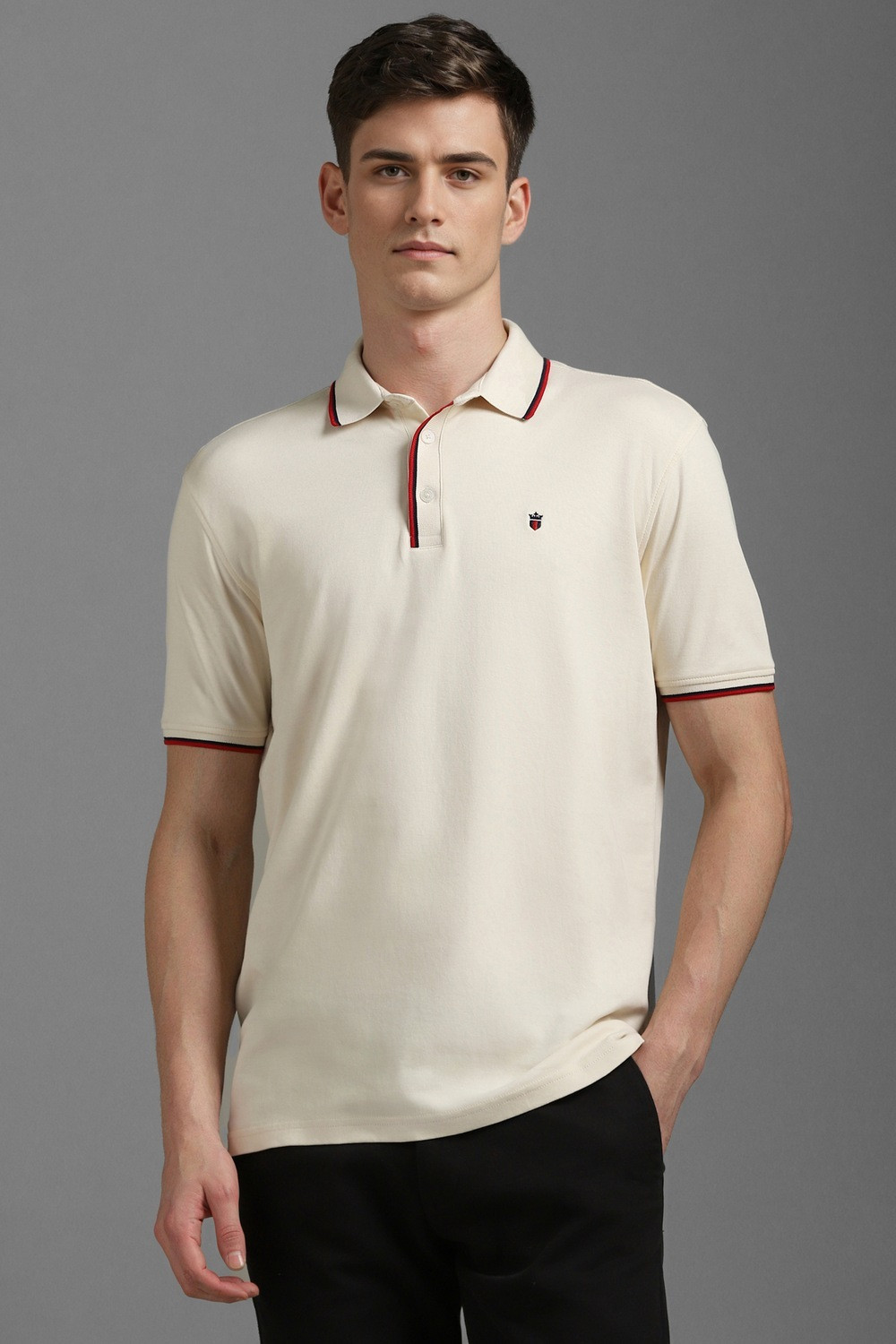 Image of LOUIS PHILIPPE Solid Men Polo Neck Beige T-Shirt