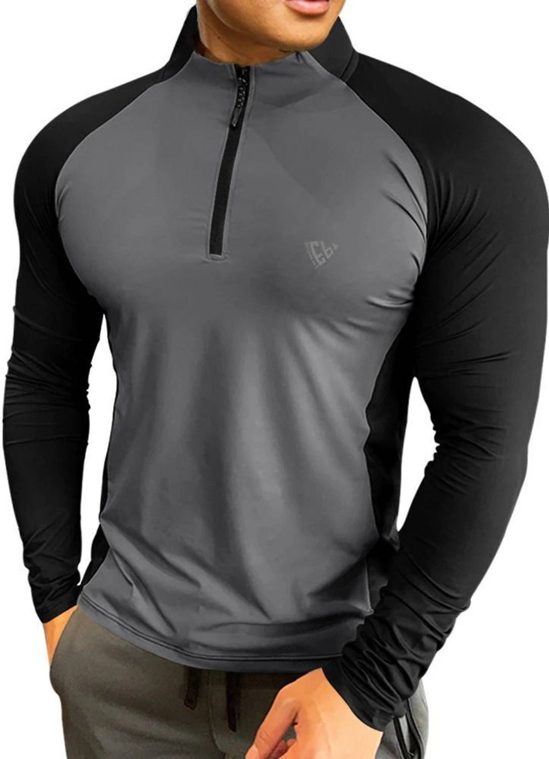 EyeBogler Men Solid, Colorblock Zip Neck Cotton Blend Black, Grey