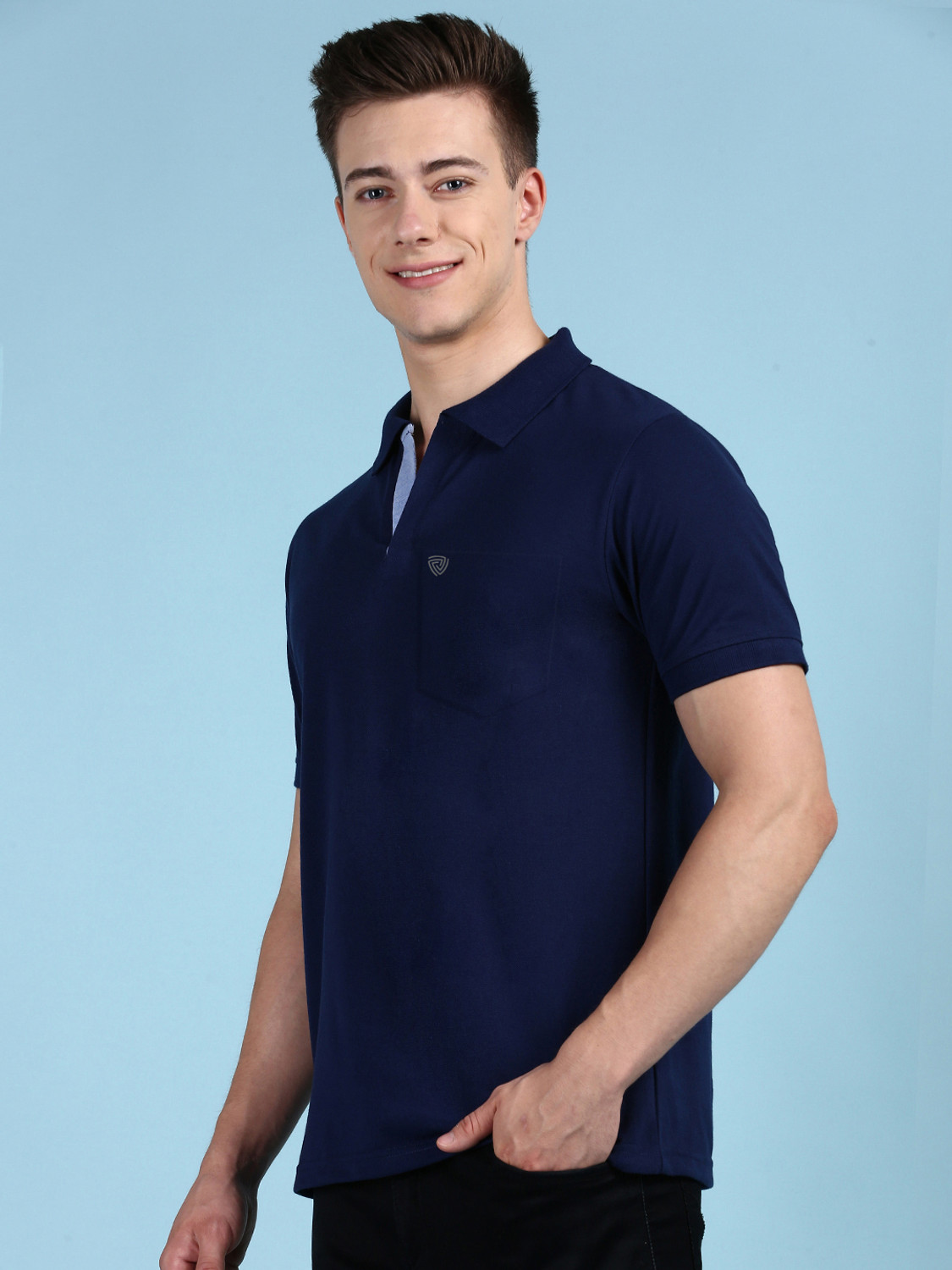 Image of LUX cozi Solid Men Polo Neck Dark Blue T-Shirt