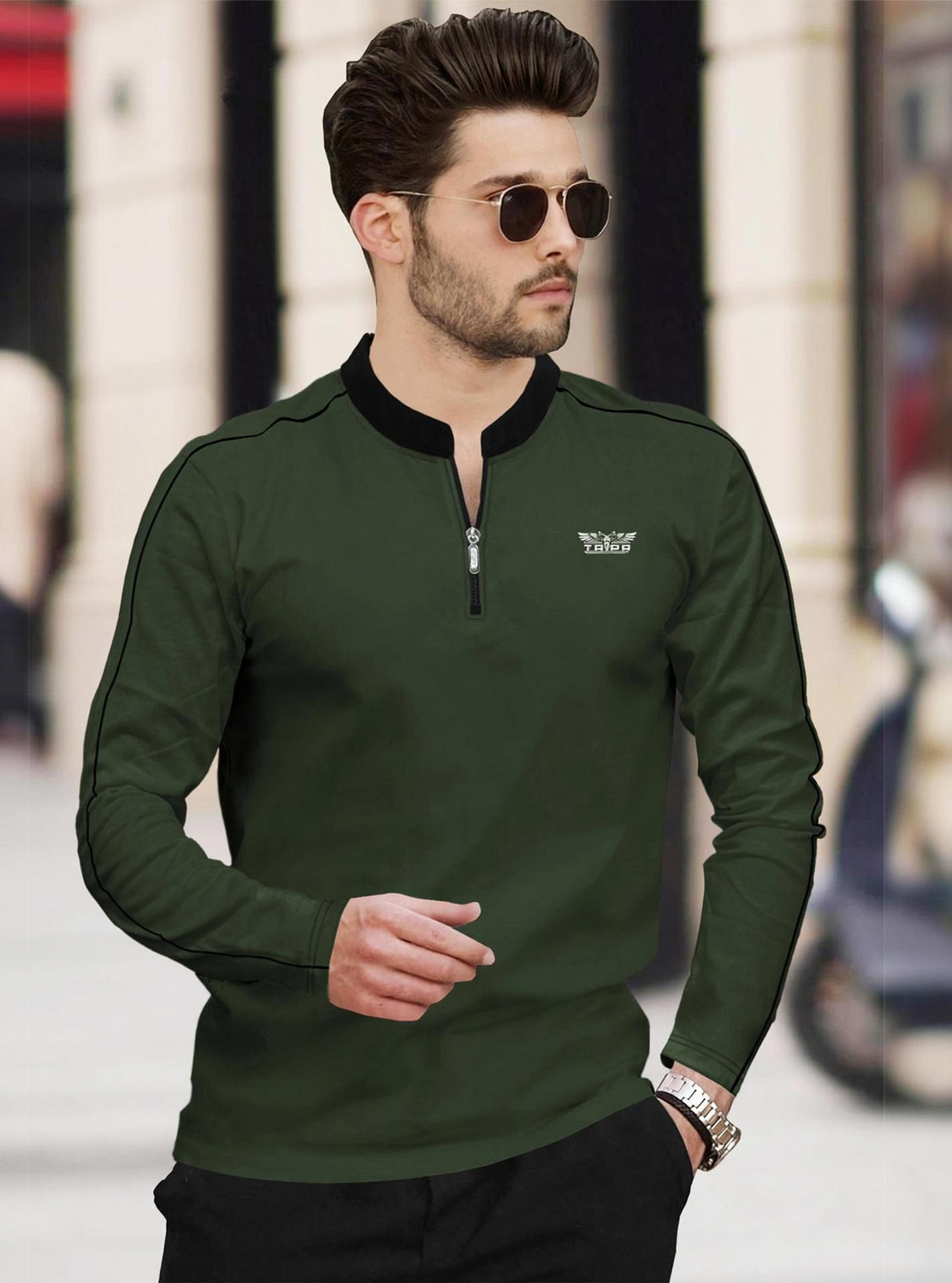 Image of TRIPR Solid Men Mandarin Collar Dark Green, Black T-Shirt