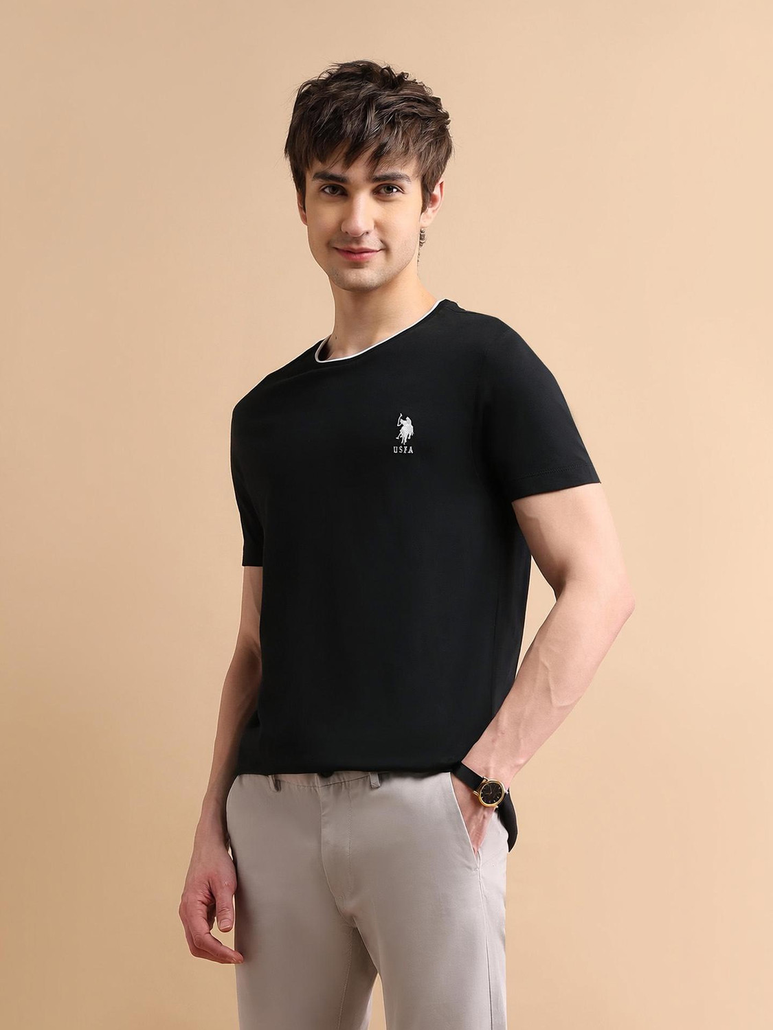 Image of U.S. Polo Assn. Denim Co. Men Solid Round Neck Cotton Blend Black T-Shirt