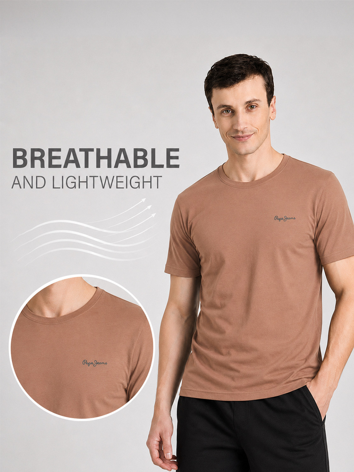 Image of Pepe Jeans Solid Men Round Neck Brown T-Shirt
