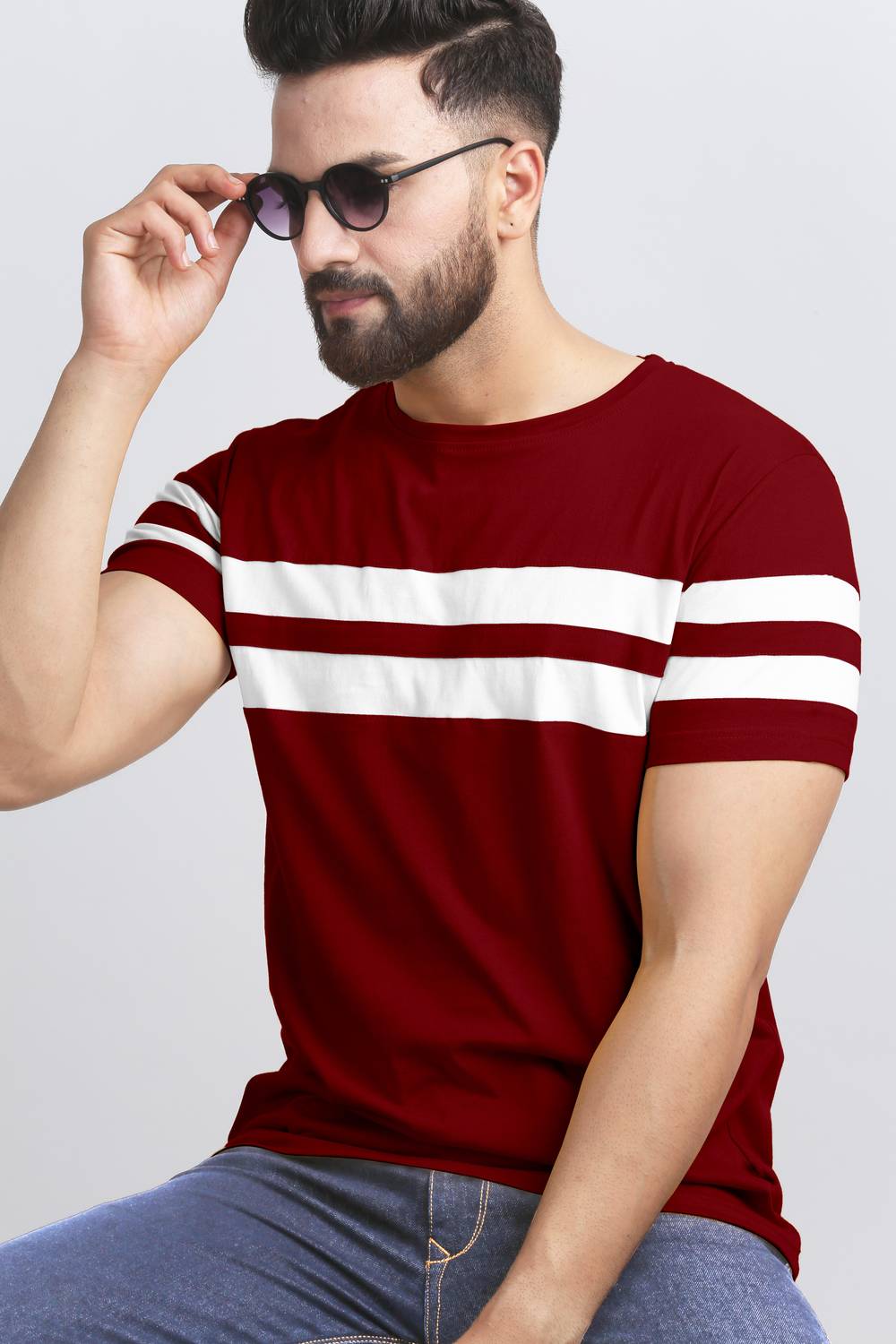 AUSK Men Striped Round Neck Cotton Blend Maroon, White T-Shirt