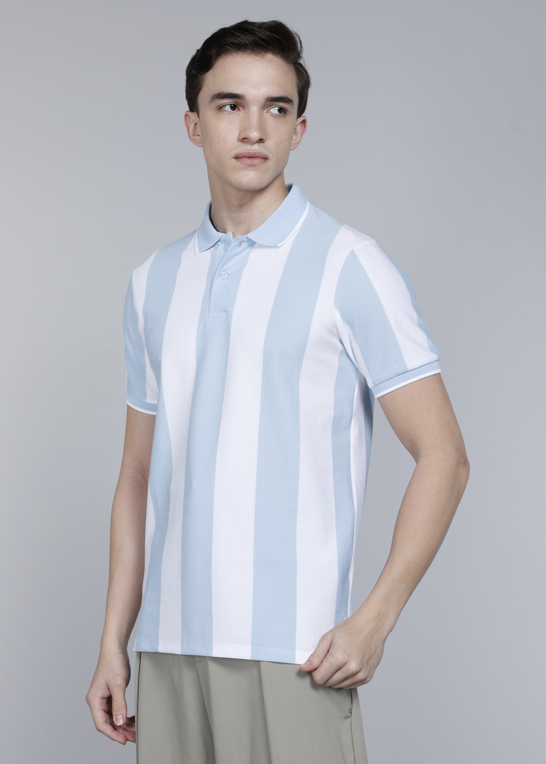 Image of KILLER Men Striped Polo Neck Polyester Light Blue T-Shirt