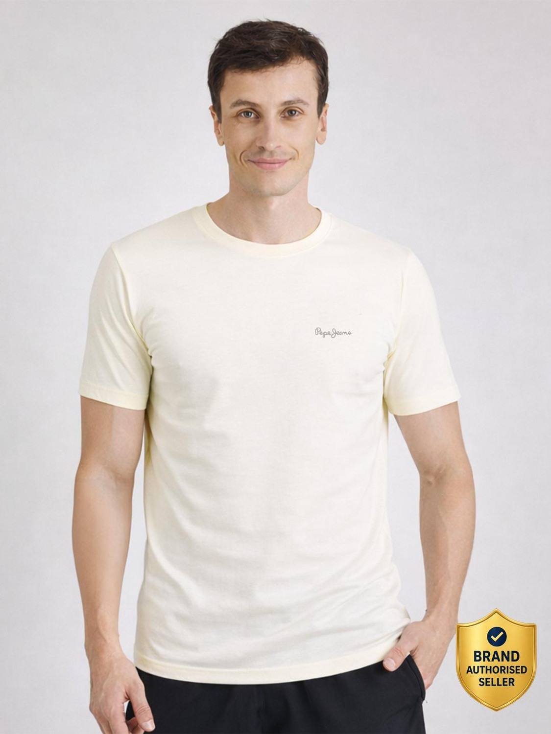 Image of Pepe Jeans Solid Men Round Neck Beige T-Shirt
