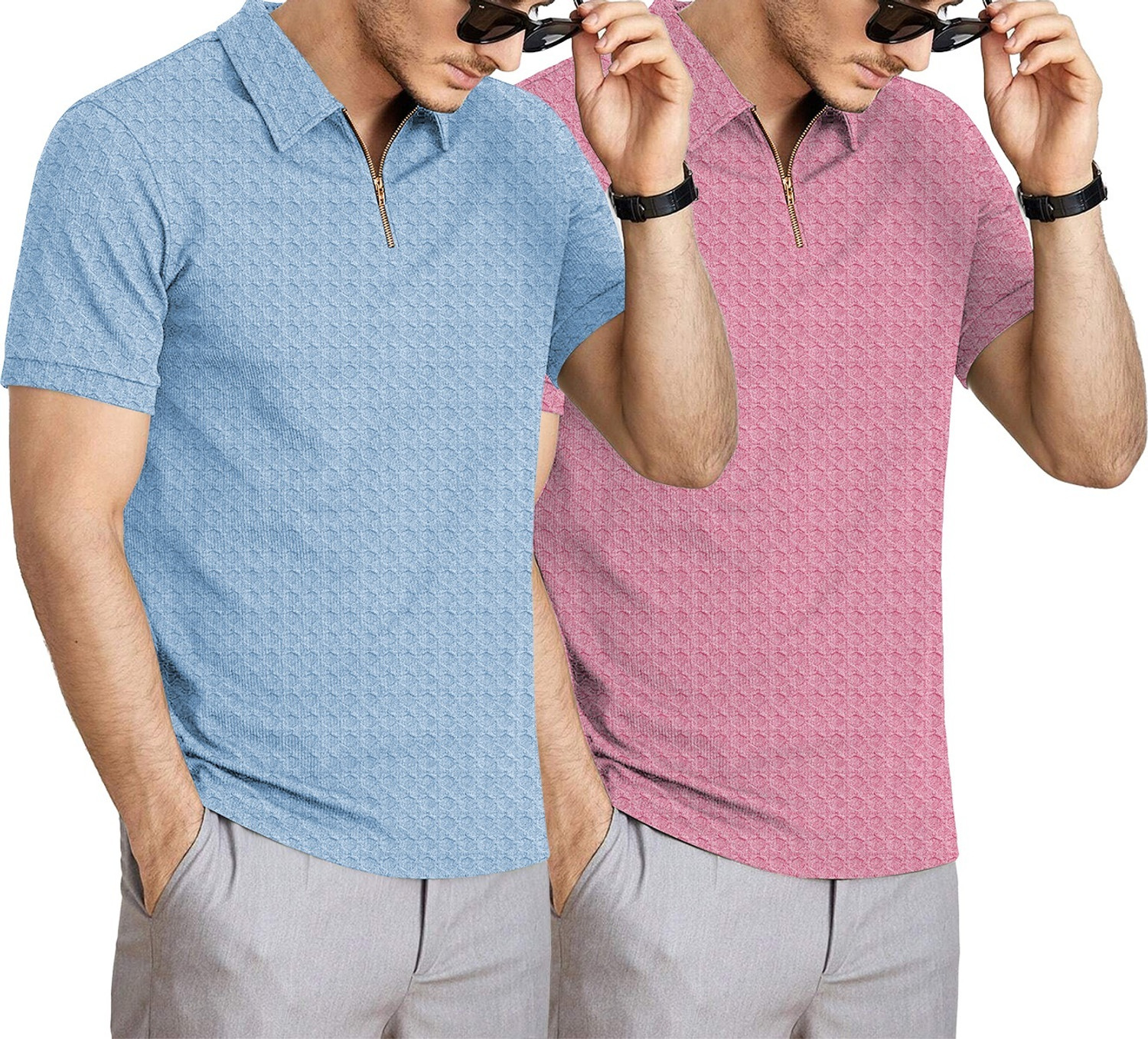 Image of KAJARU Self Design Men Zip Neck Pink, Light Blue T-Shirt