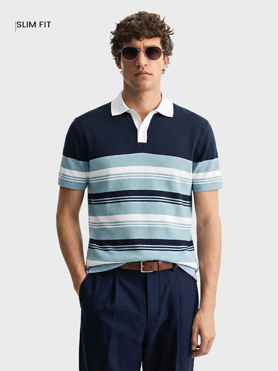 Image of The Indian Garage Co. Men Striped Polo Neck Pure Cotton Blue T-Shirt