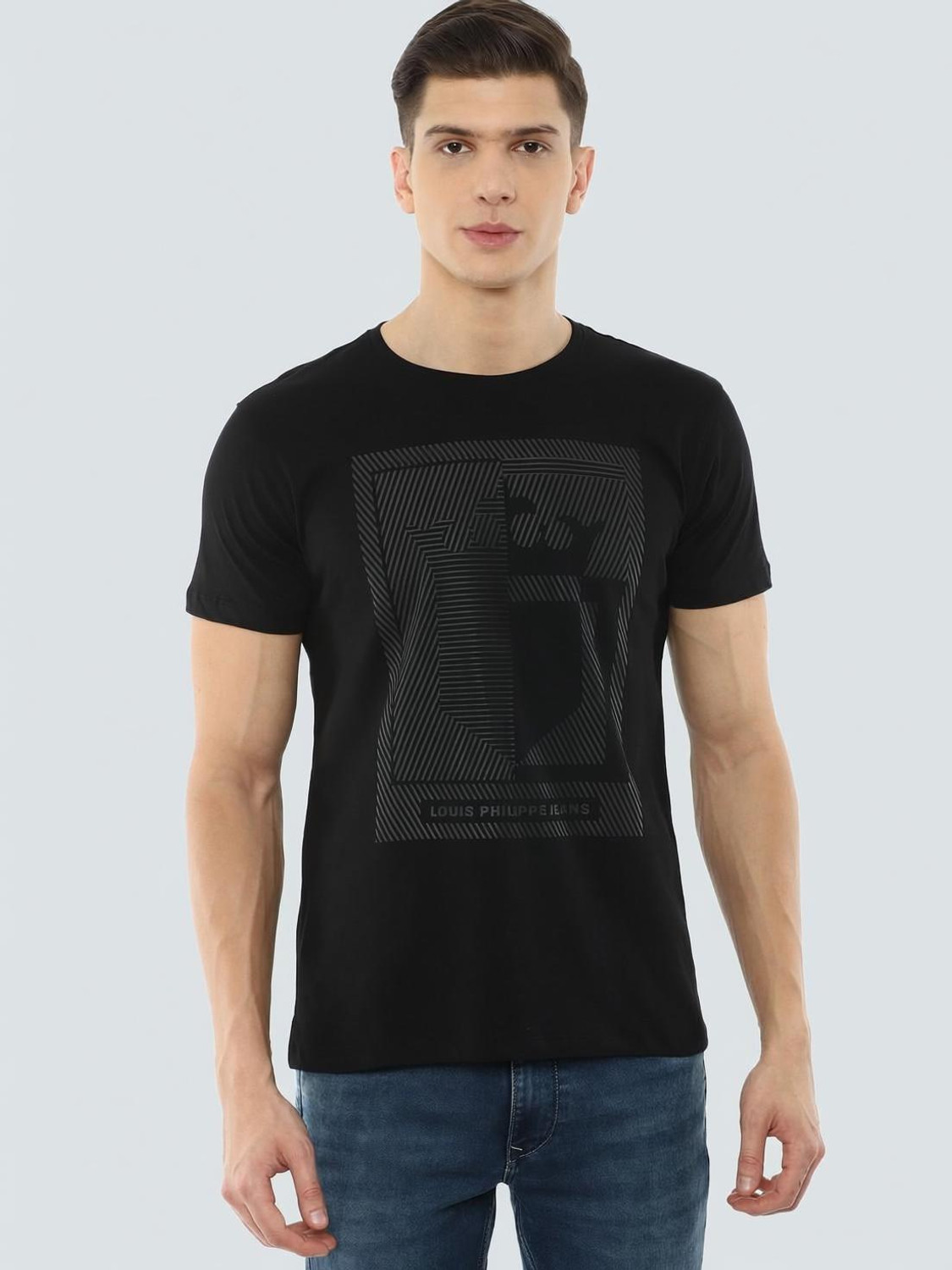 Image of LOUIS PHILIPPE Graphic Print Men Round Neck Black T-Shirt