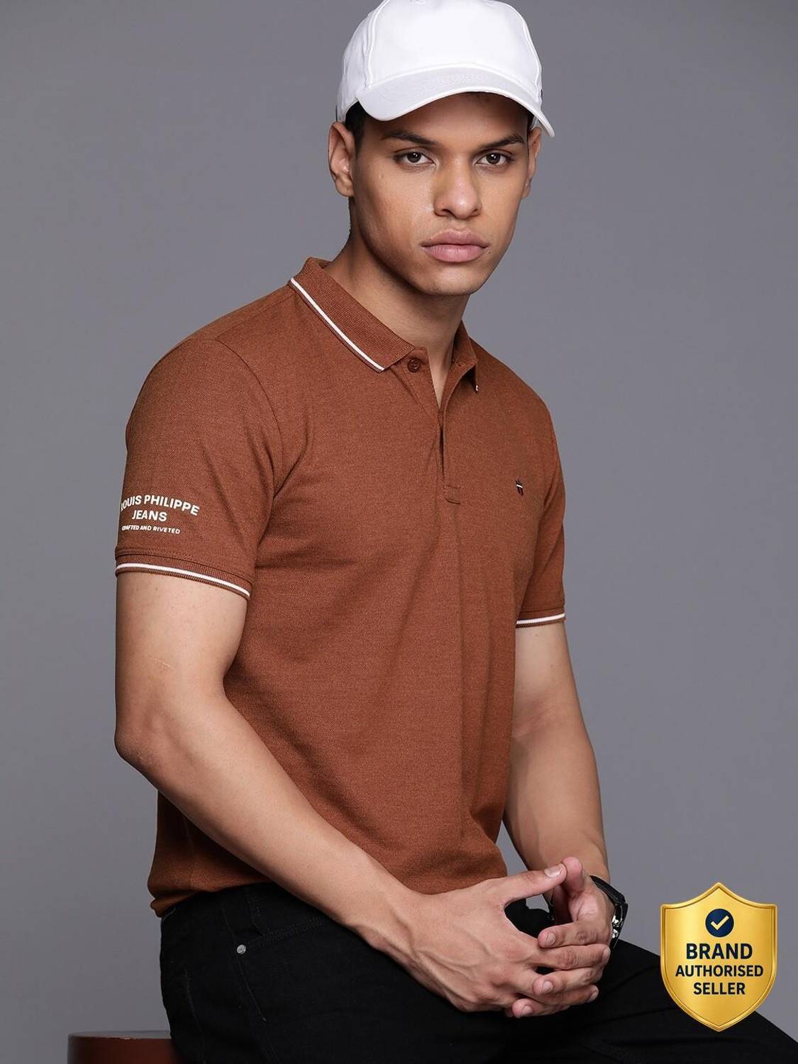 Louis Philippe Sport Solid Men Polo Neck Brown T-Shirt