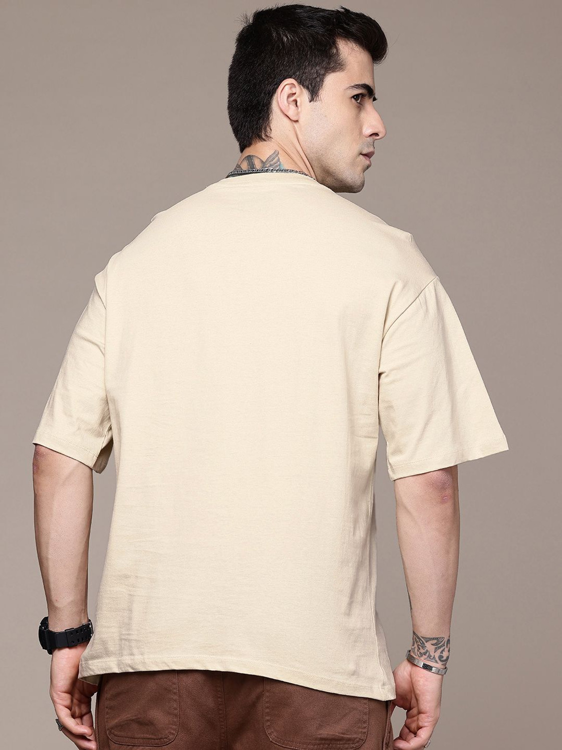 Image of Roadster Solid Men Round Neck Beige T-Shirt