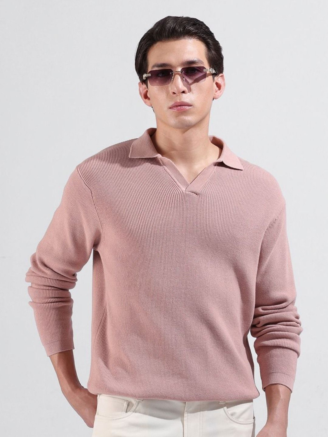 Image of The Indian Garage Co. Self Design Men Polo Neck Pink T-Shirt