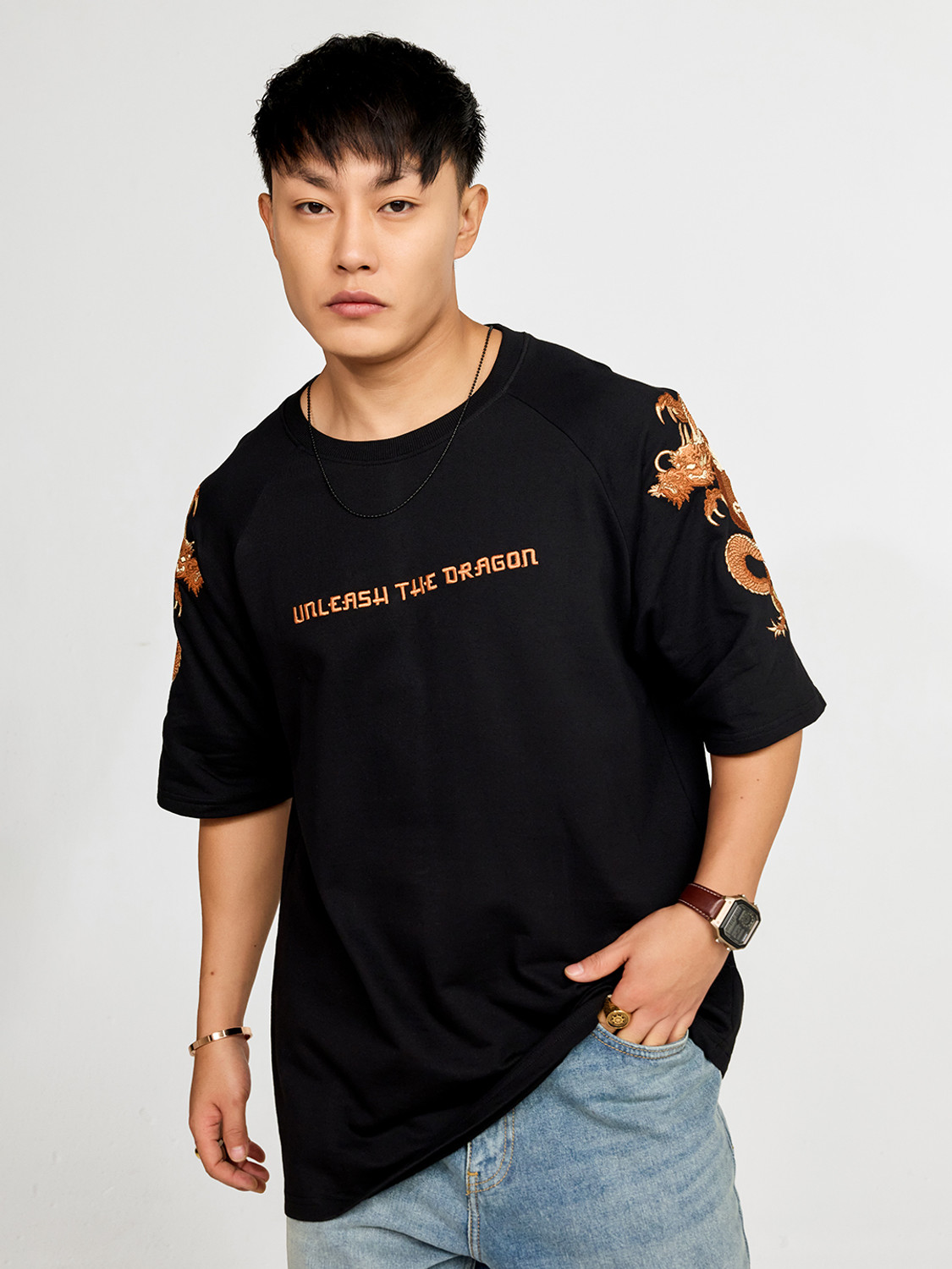Image of MyDesignation Embroidered Men Crew Neck Black T-Shirt