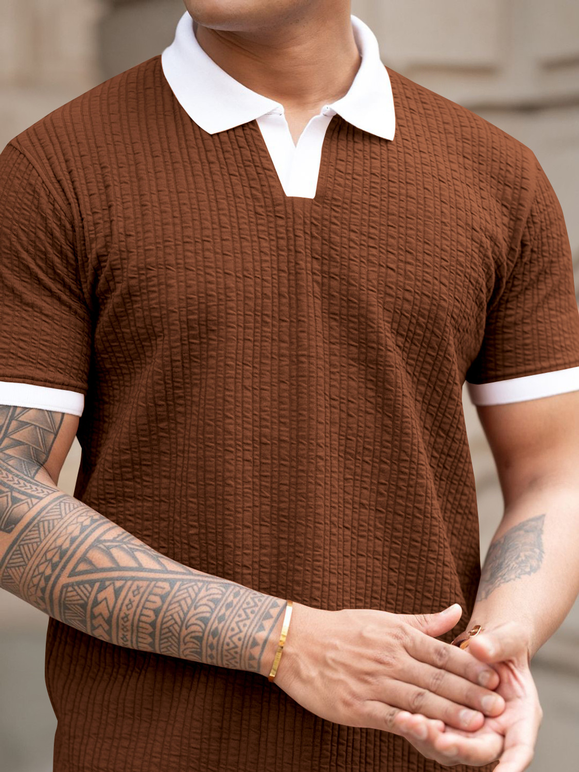 Image of KAJARU Self Design Men Polo Neck White, Brown T-Shirt