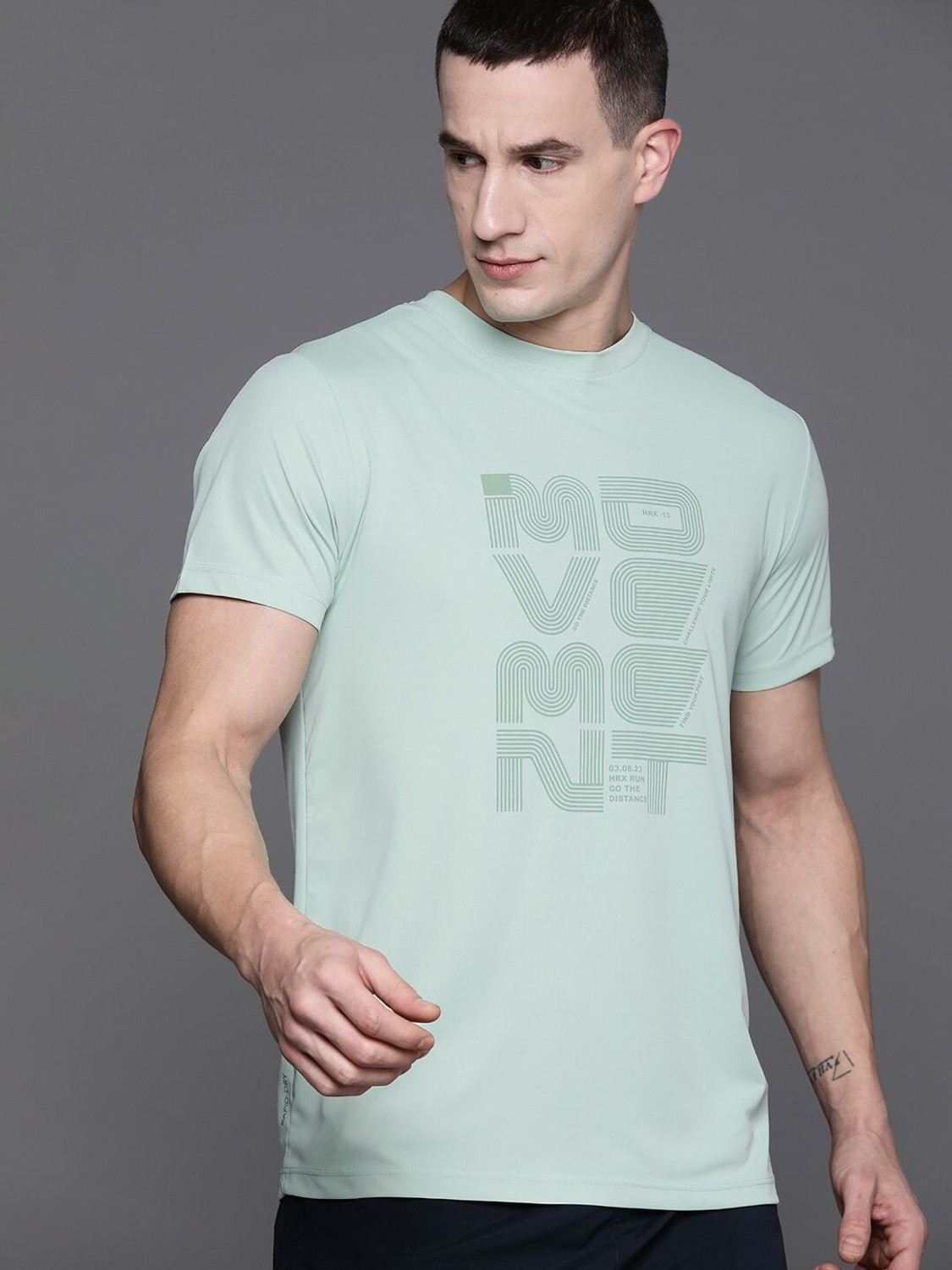 Image of HRX by Hrithik Roshan Typography Men Round Neck Blue T-Shirt