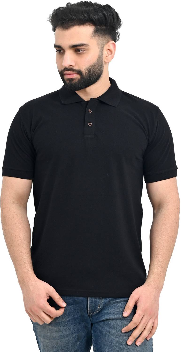 aarbee Solid Men Polo Neck Black T-Shirt
