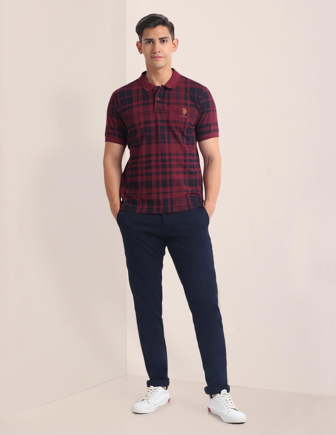 Image of U.S. POLO ASSN. Checkered Men Polo Neck Red T-Shirt