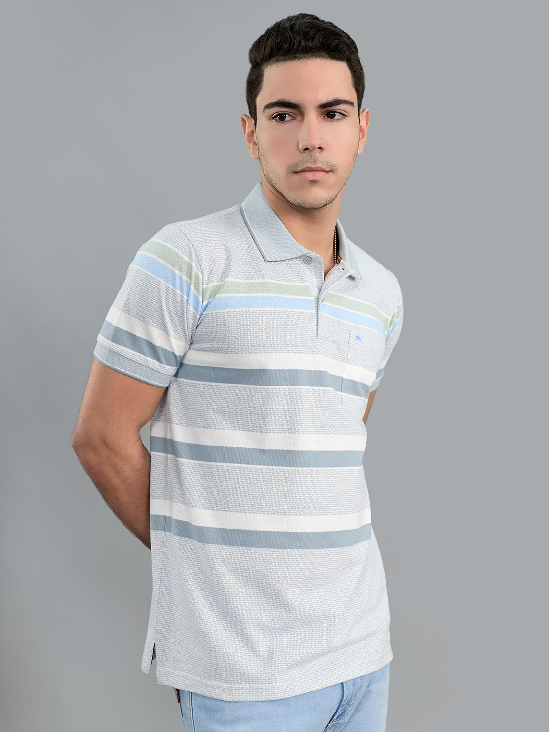 Image of MONTE CARLO Striped Men Polo Neck Grey T-Shirt