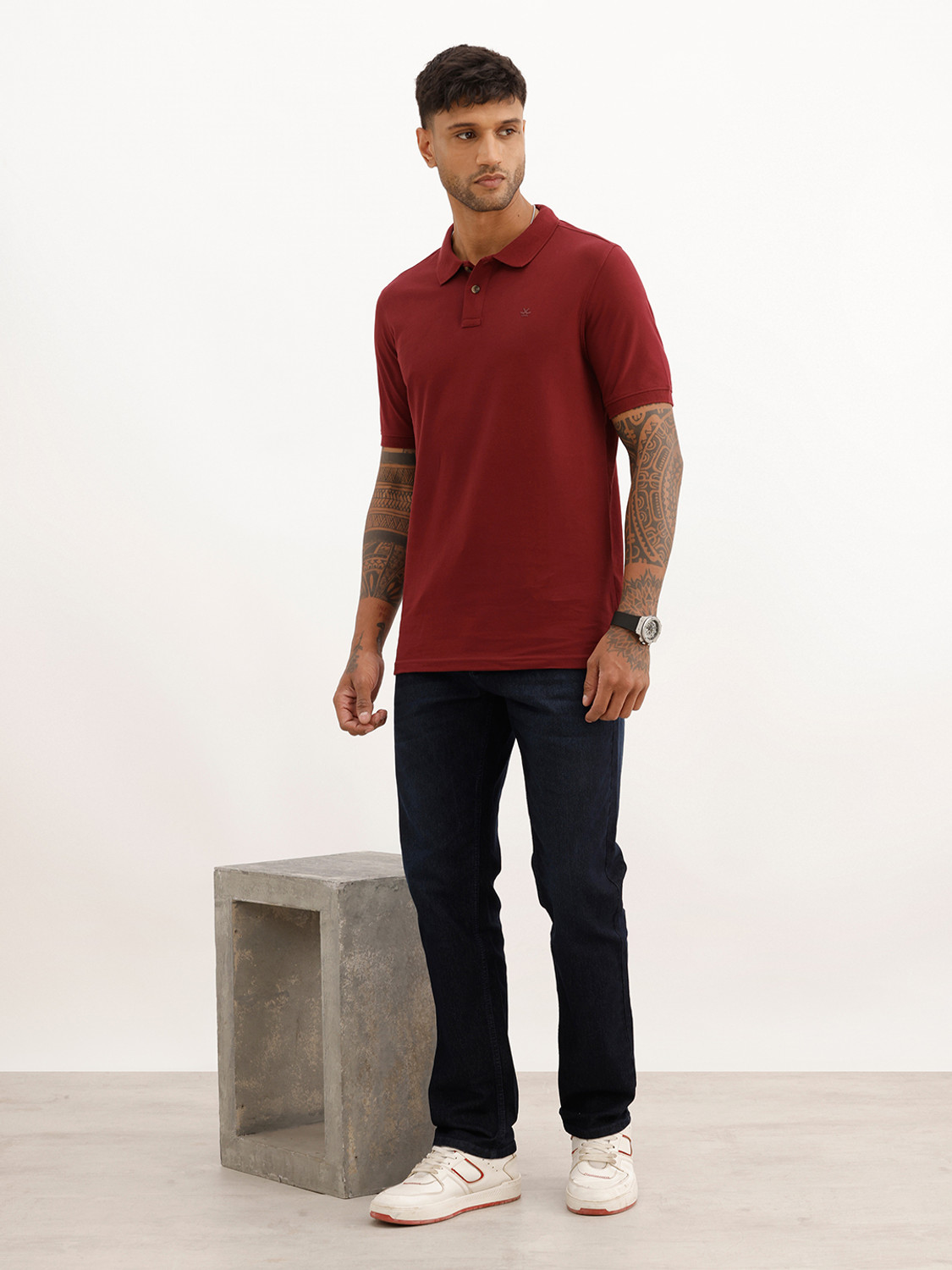 Image of WROGN Men Printed Polo Neck Pure Cotton Maroon T-Shirt