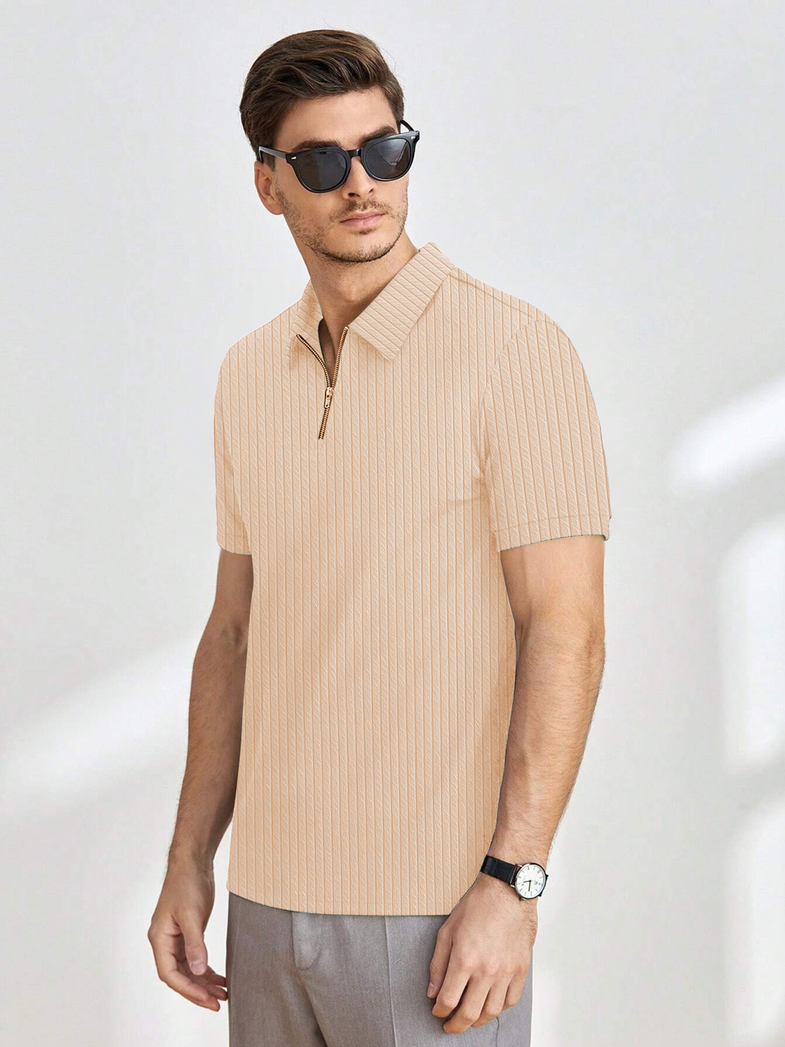 Image of KAJARU Self Design Men Polo Neck Beige T-Shirt