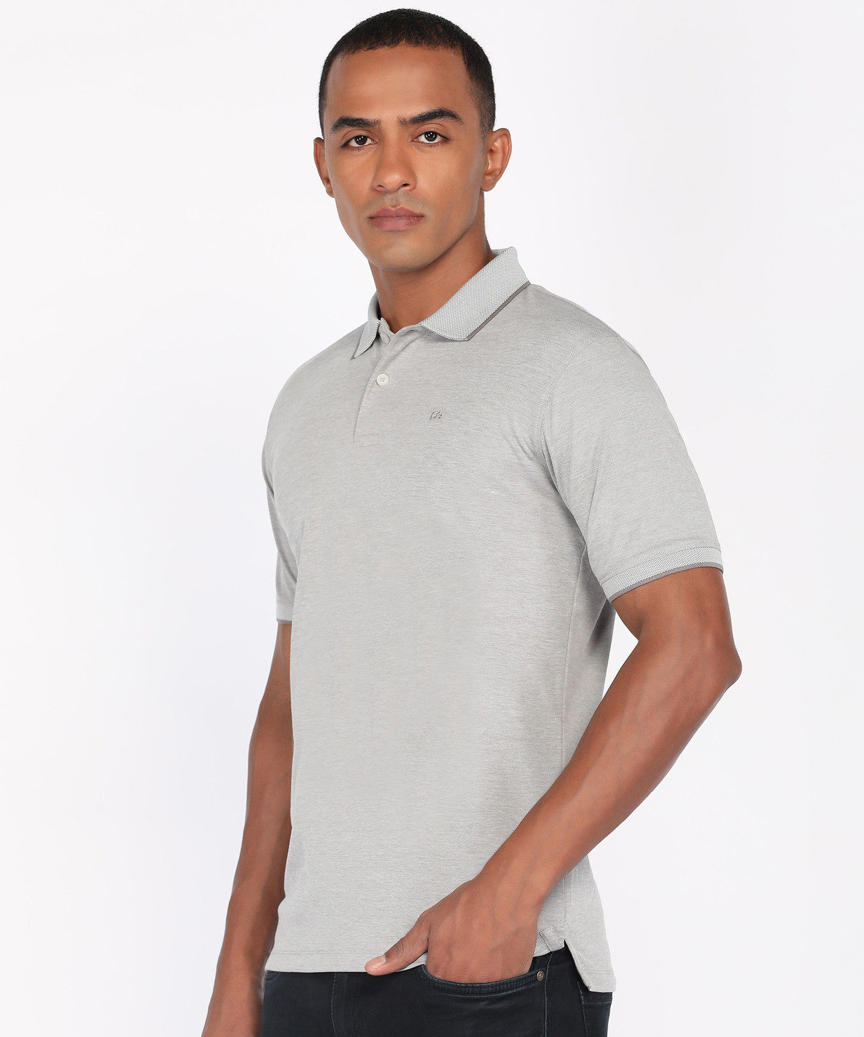 Image of PETER ENGLAND Solid Men Polo Neck Grey T-Shirt