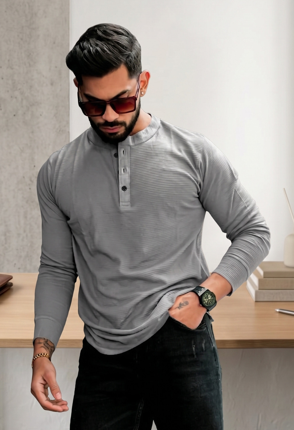 Image of Rufica Self Design Men Mandarin Collar Multicolor T-Shirt
