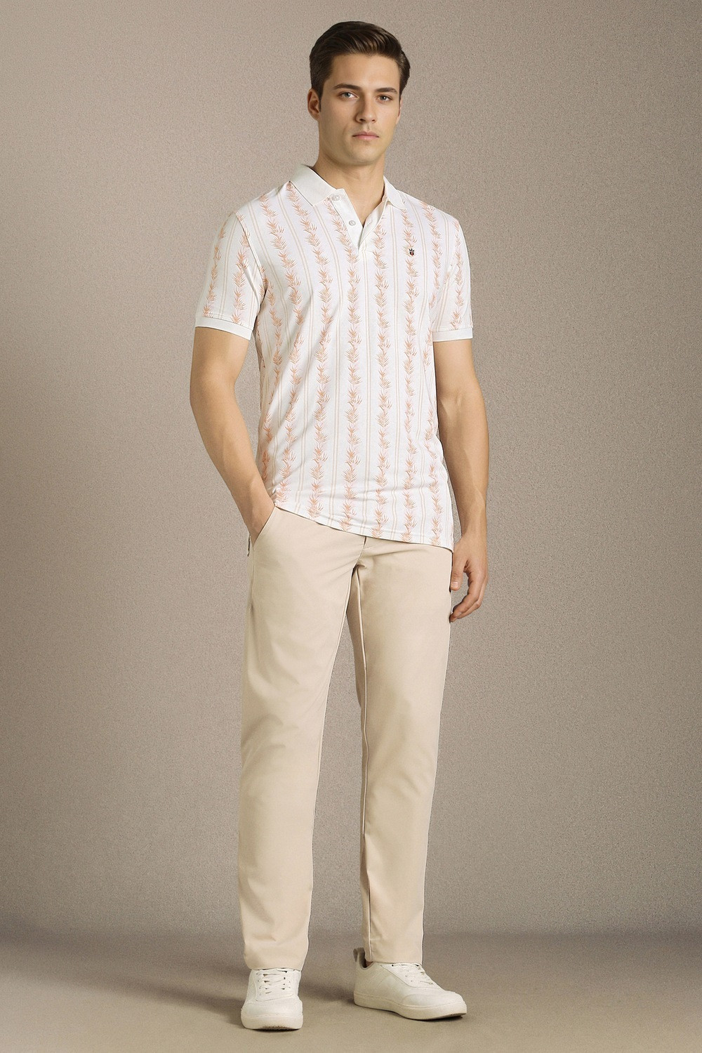 Image of LOUIS PHILIPPE Men Printed Polo Neck Cotton Blend White T-Shirt
