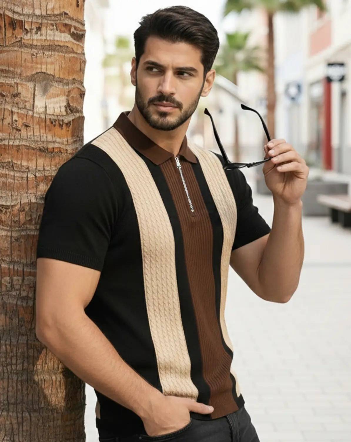 KAJARU Colorblock Men Zip Neck Beige T-Shirt - Image 4