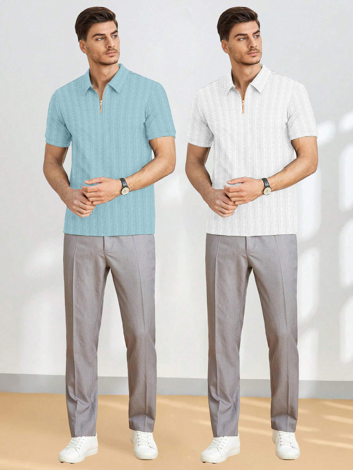 Image of COMBRAIDED Striped Men Zip Neck White, Light Blue T-Shirt