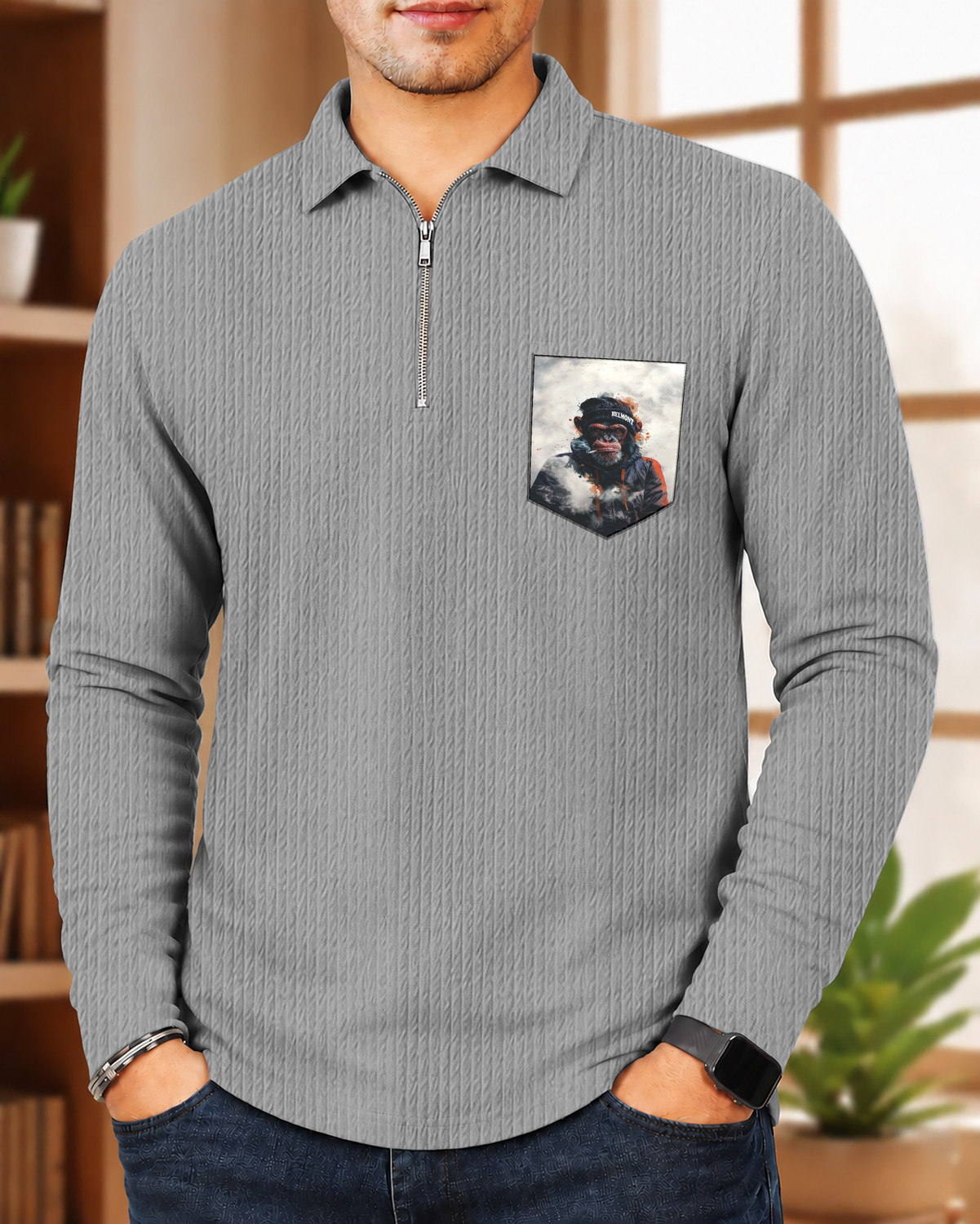 Image of HELMONT Striped Men Zip Neck Black, Grey T-Shirt